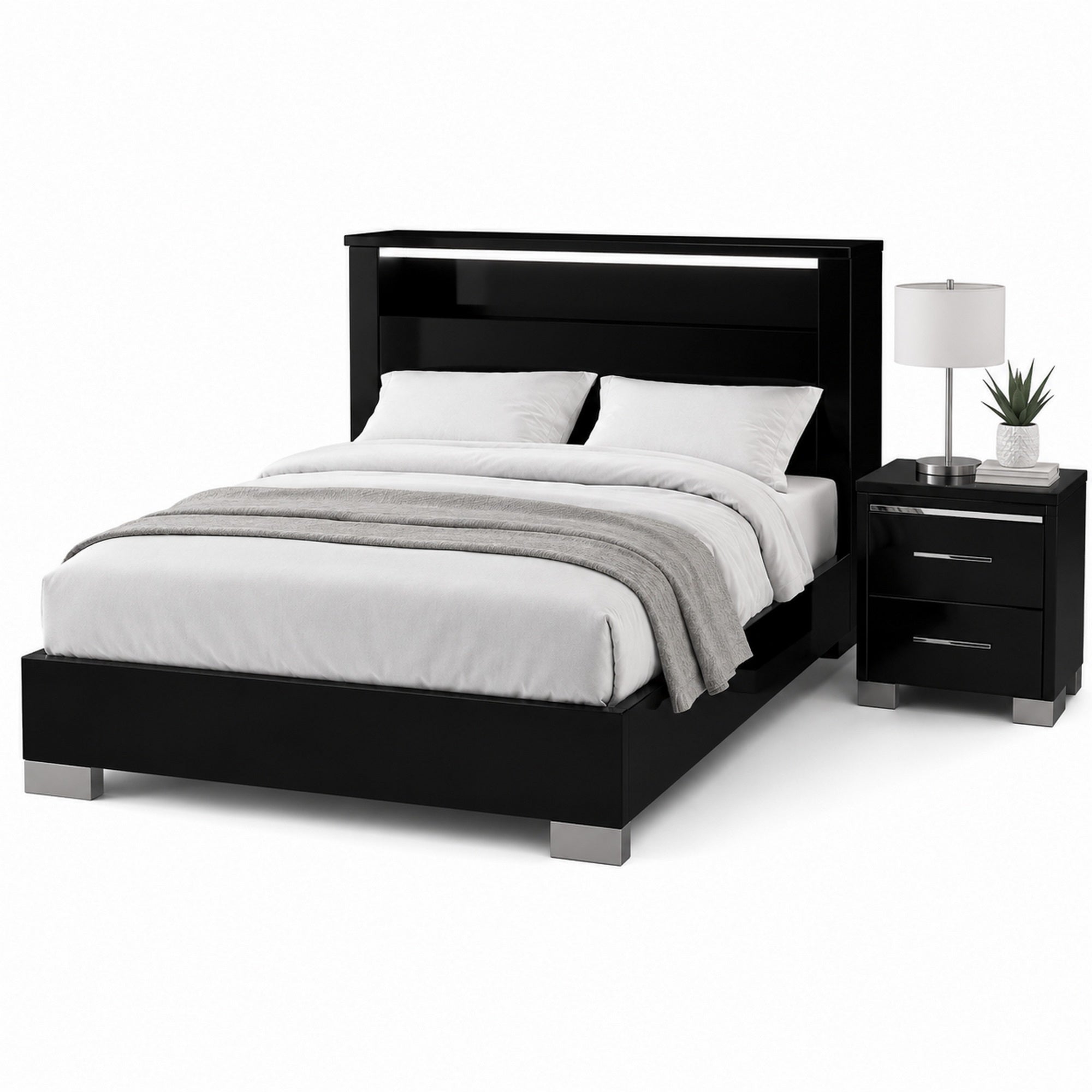 Queen Bedroom Set, Black, Chrome Wood, 2 Piece Set with Nightstand