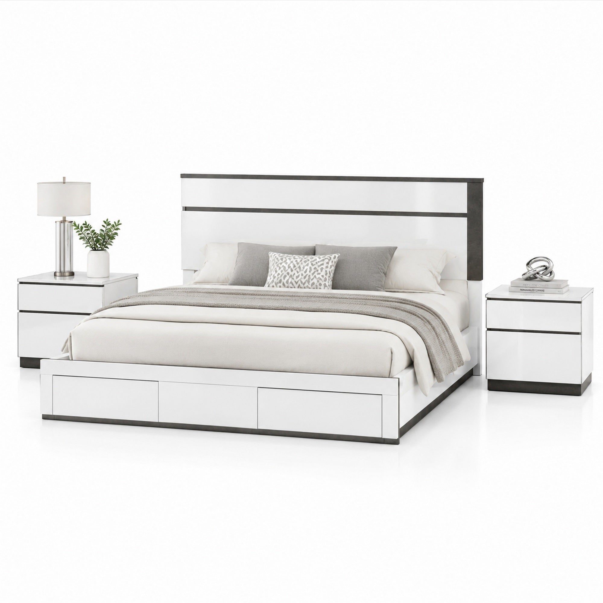 Queen Bedroom Set, White, Metallic Gray Wood, 3 Piece Set with 2 Nightstands