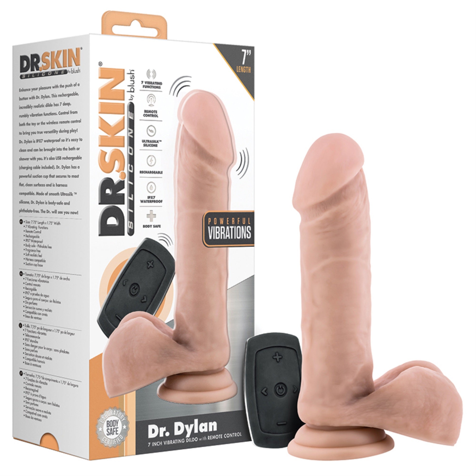 Dr. Skin Silicone Dr. Dylan Vibrating Dildo with Remote-Vanilla 7″