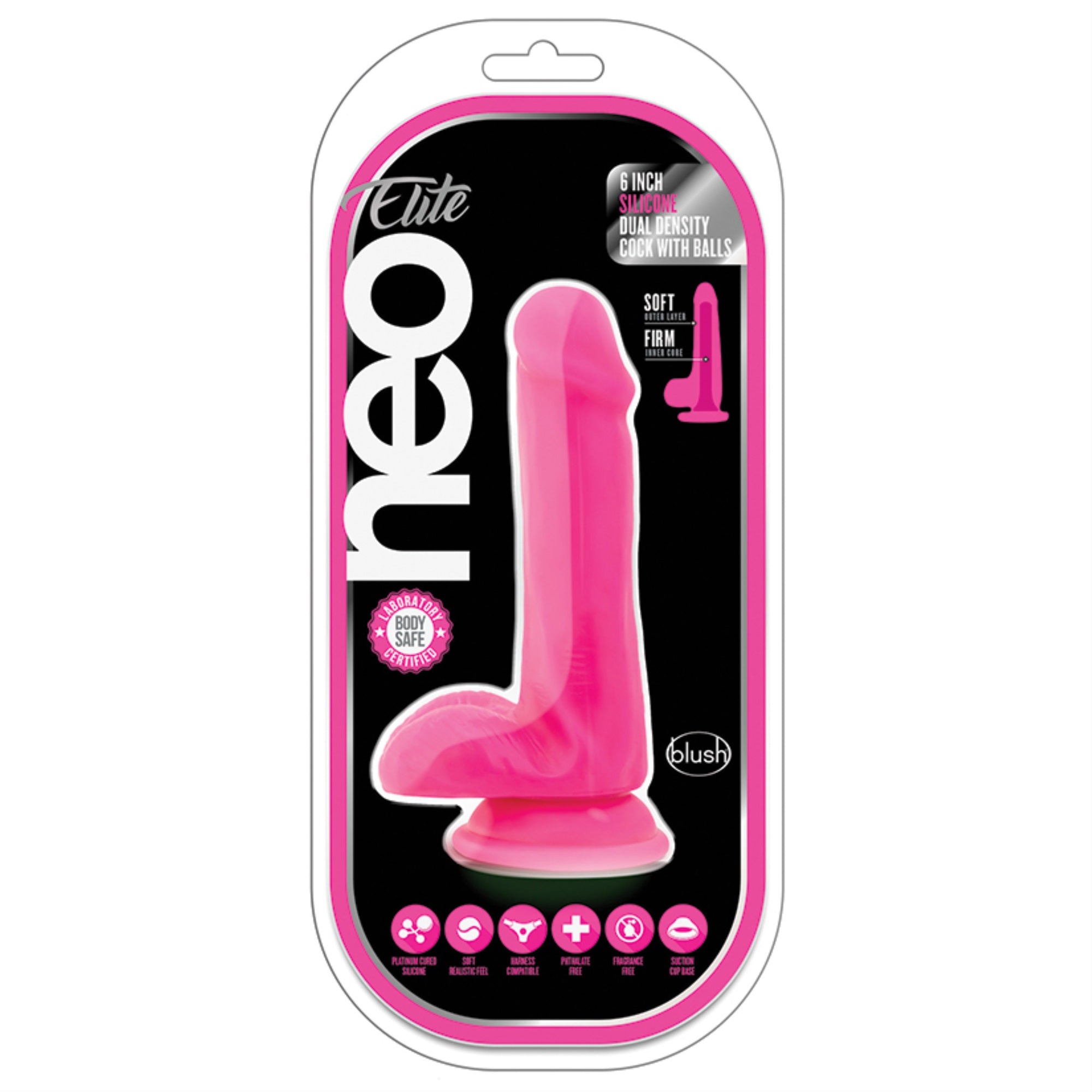Neo Elite Silicone Dual Density Cock with Balls-Neon Pink 6″