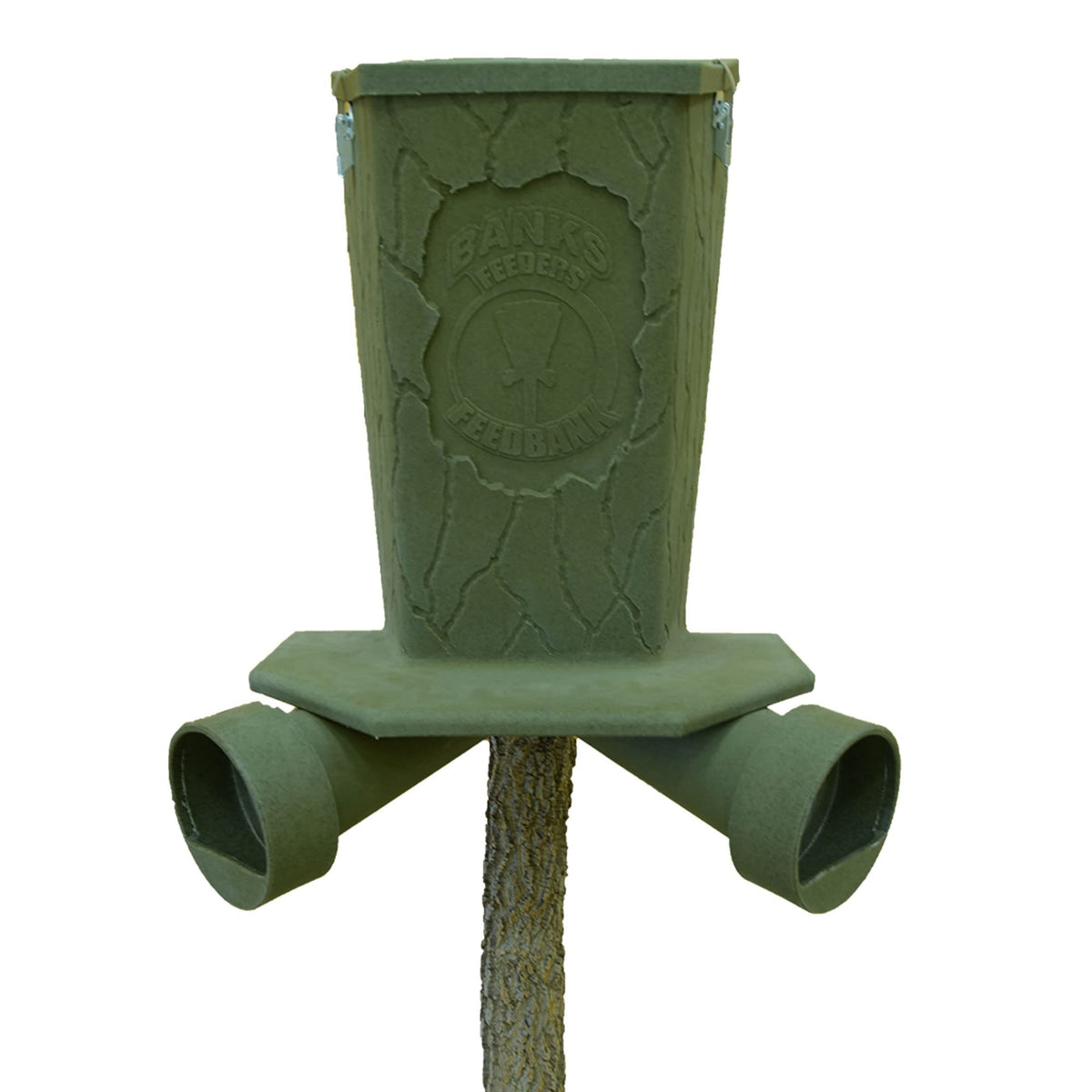 Banks Outdoors Gravity Fed Tree And Post Mountable Weatherproof Feed Bank Deer And Game Hunting Feeder With 40 Pound Capacity, Green