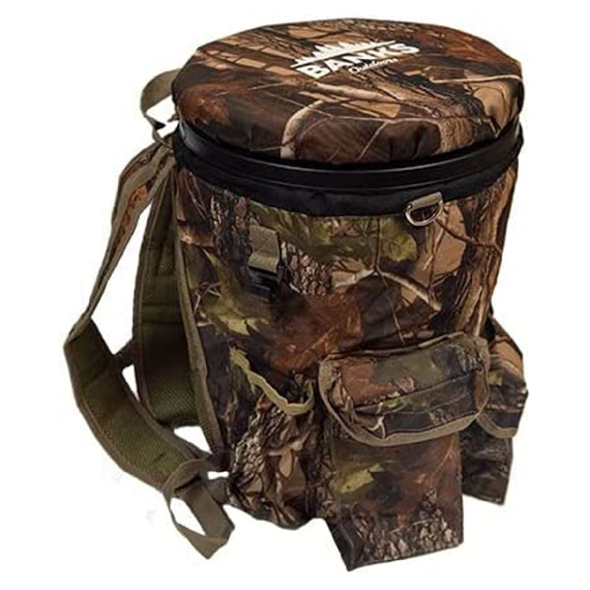 Banks Outdoors Stbktbp 5 Gallon Bucket Backpack Combination W/Removable Swivel Cushioned Top And 5 Outer Pockets For Accessible Storage, Camouflage