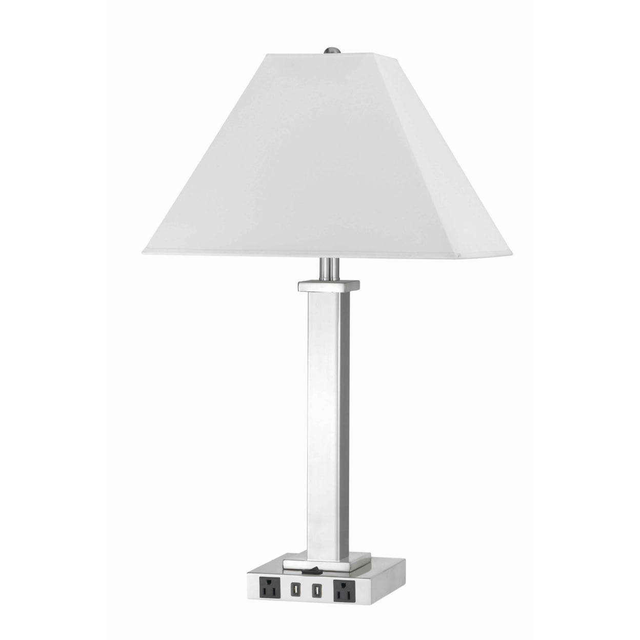 Benjara Bm224678 Trapezoid Shade Table Lamp With Metal Base & 2 Usb Ports, White & Chrome