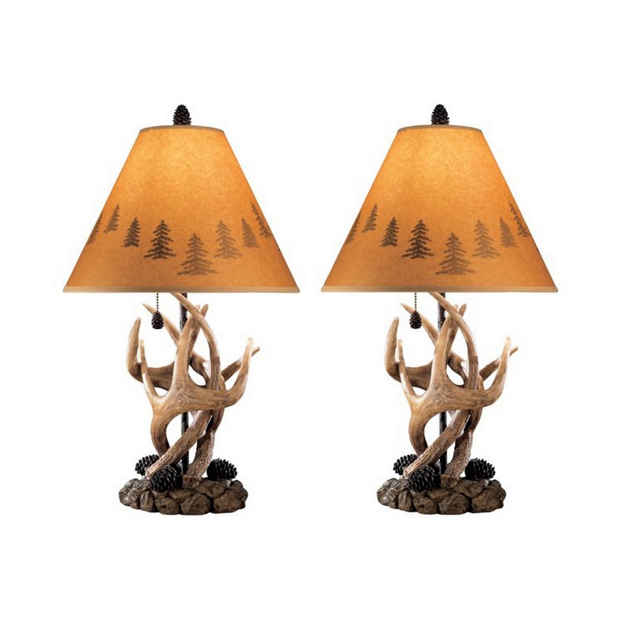 Benjara Bm227560 Resin Body Table Lamp With Antler & Pinecone Design, Brown - Set Of 2