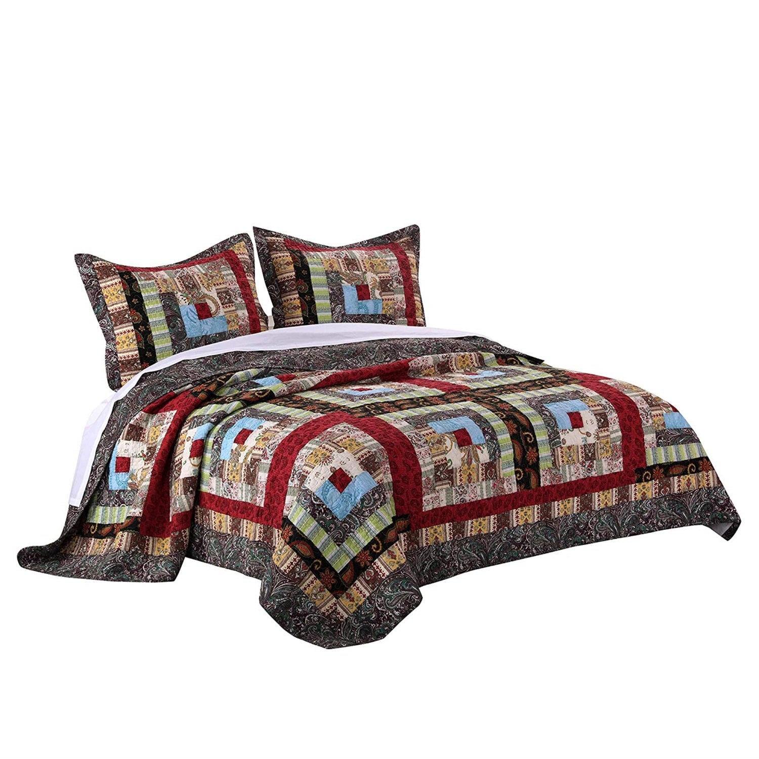 Thames 3 Piece King Size Cotton Quilt Set With Log Cabin Pattern, Multicolor
