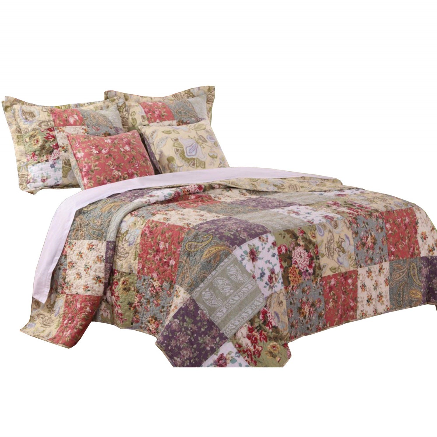 Chicago 5 Piece Fabric Queen Size Quilt Set With Jacobean Prints,Multicolor