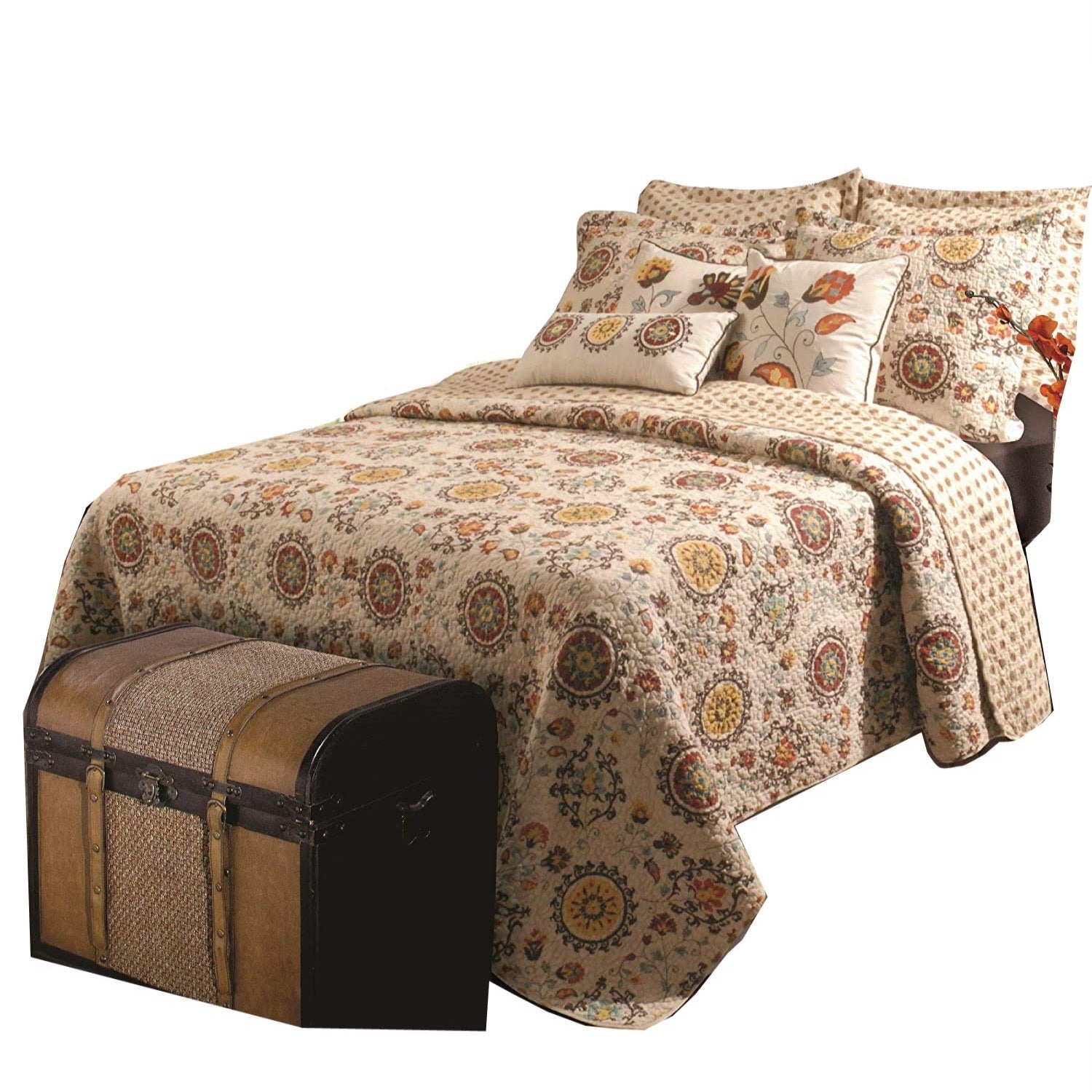 Elbe 5 Piece Queen Quilt Set With Medallion And Floral Pattern, Beige And Brown