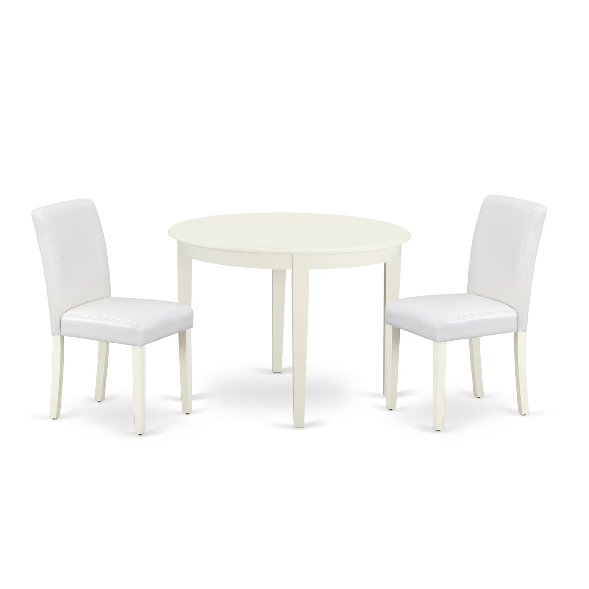 Casafoyer Boab3-Lwh-64 3 Piece Dining Set Contains A Round Kitchen Table And 2 White Faux Leather Parson Dining Room Chairs, 42X42 Inch, Linen White