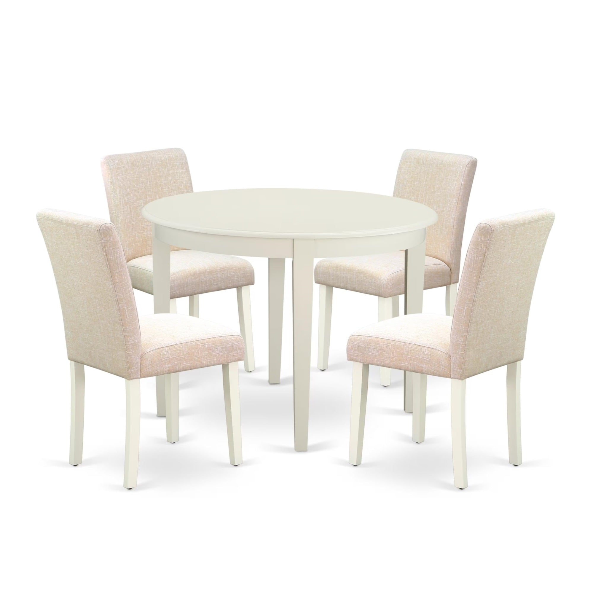 Casafoyer Boab5-Lwh-02 Boston 5 Piece Set Includes A Round Kitchen Table And 4 Light Beige Fabric Parsons Dining Chairs, Linen White, 42X42 Inch