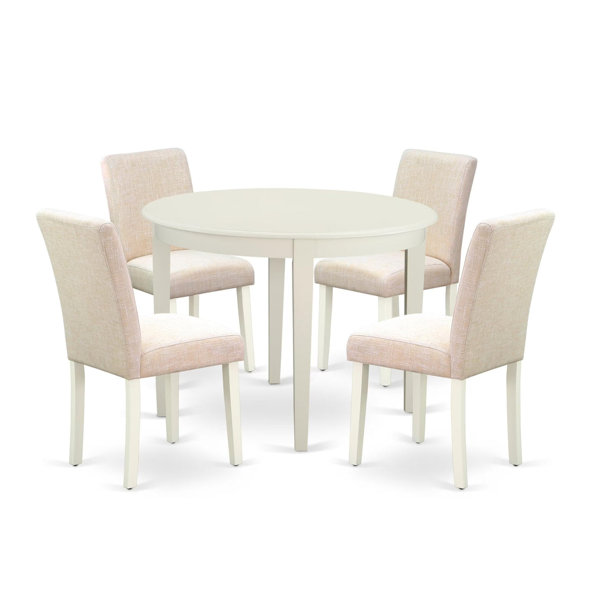 Casafoyer Boab5-Lwh-02 Boston 5 Piece Set Includes A Round Kitchen Table And 4 Light Beige Fabric Parsons Dining Chairs, Linen White, 42X42 Inch