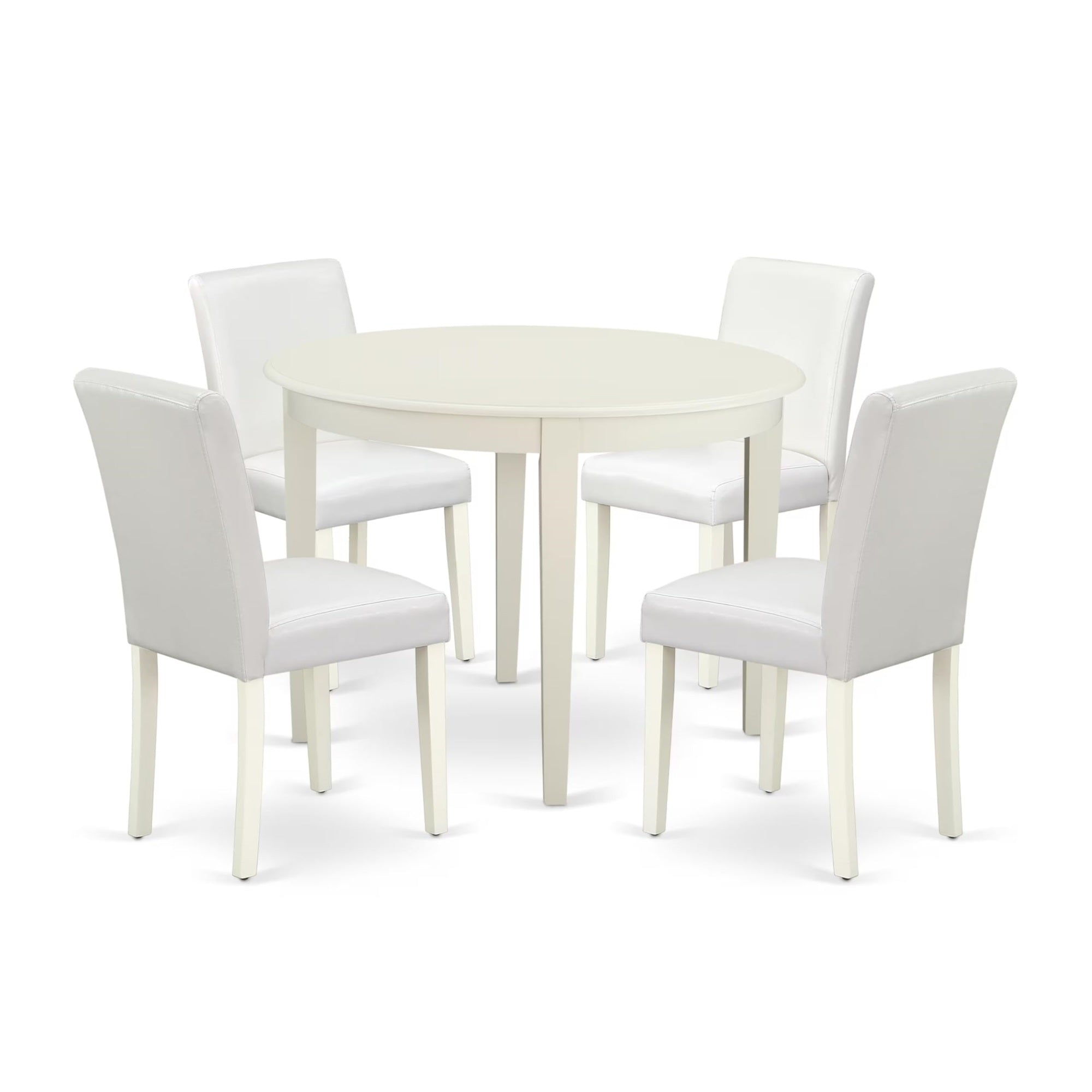 Casafoyer Boab5-Lwh-64 Boston 5 Piece Dining Set For 4 Includes A Round Kitchen Table And 4 Faux Leather Upholstered Parson Chairs, Linen White, 42X42 Inch