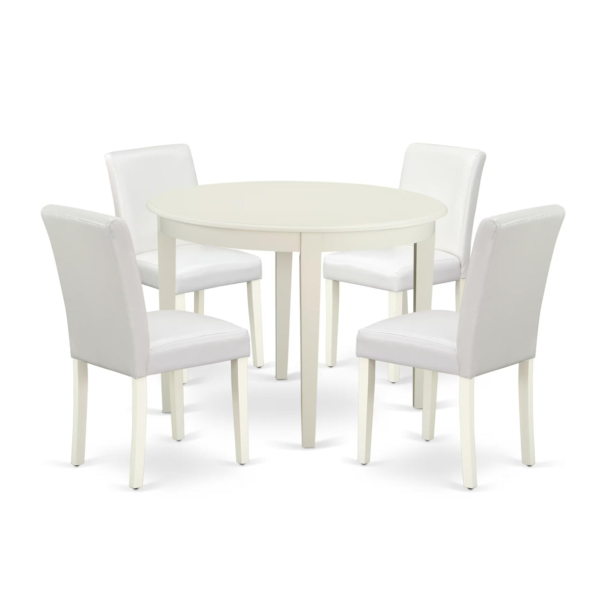 Casafoyer Boab5-Lwh-64 Boston 5 Piece Dining Set For 4 Includes A Round Kitchen Table And 4 Faux Leather Upholstered Parson Chairs, Linen White, 42X42 Inch
