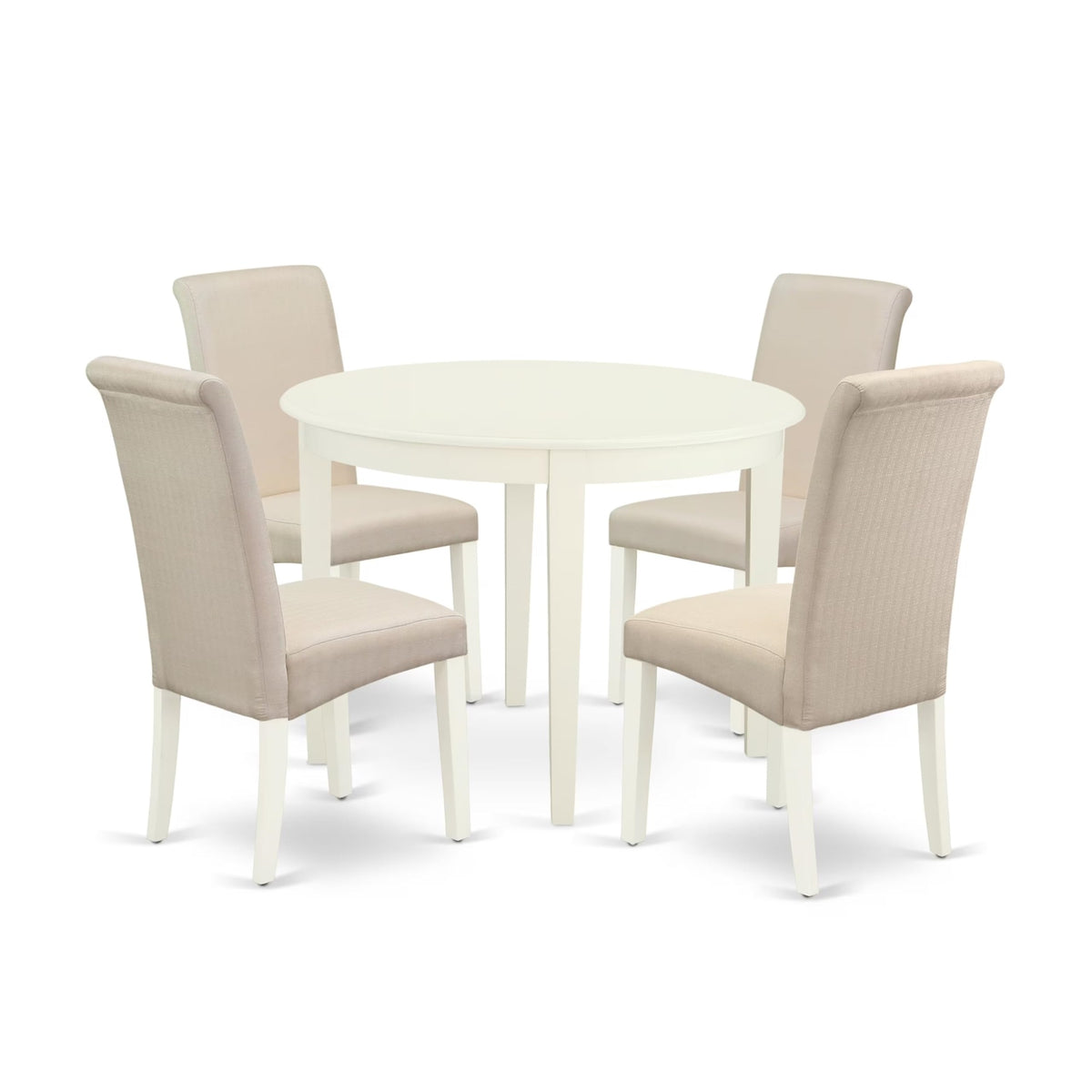 Casafoyer Boba5-Whi-01 5 Piece Modern Dining Table Set Includes A Round Kitchen Table And 4 Cream Linen Fabric Parsons Dining Chairs, 42X42 Inch, Linen White