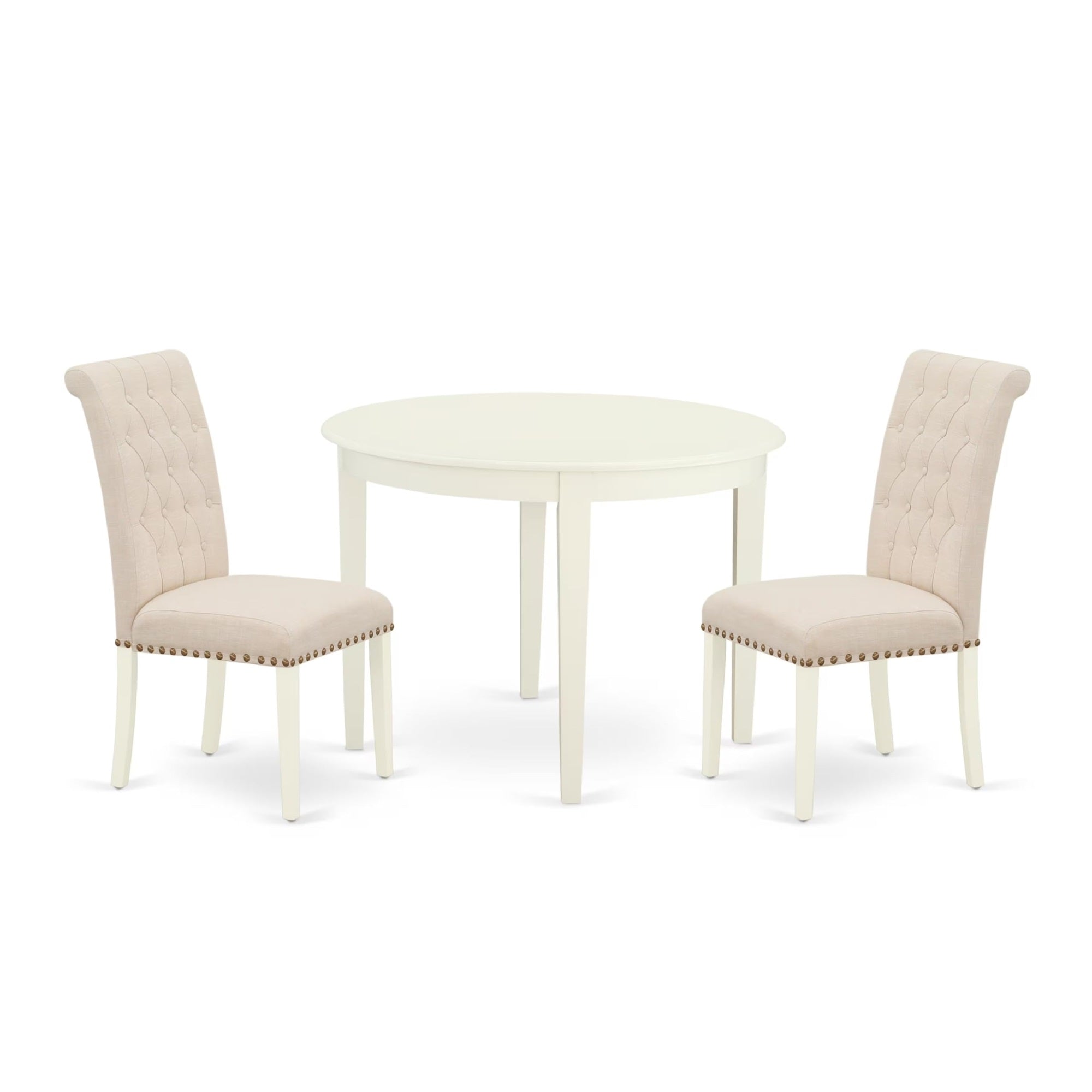 Casafoyer Bobr3-Whi-02 3 Piece Modern Dining Table Set Contains A Round Kitchen Table And 2 Light Beige Linen Fabric Parson Dining Room Chairs, 42X42 Inch, Linen White