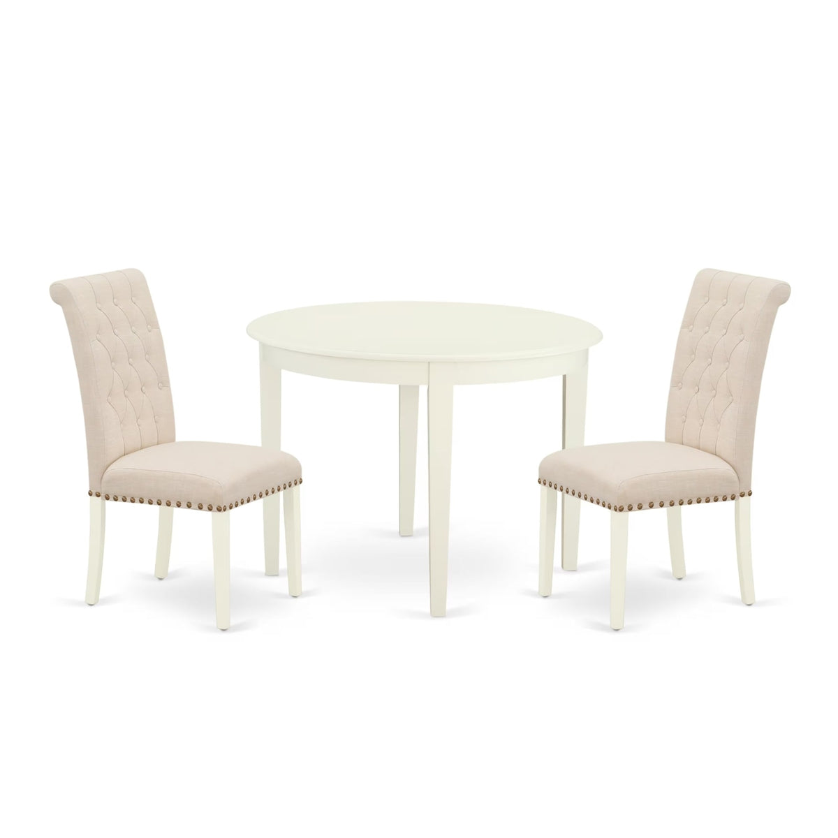 Casafoyer Bobr3-Whi-02 3 Piece Modern Dining Table Set Contains A Round Kitchen Table And 2 Light Beige Linen Fabric Parson Dining Room Chairs, 42X42 Inch, Linen White
