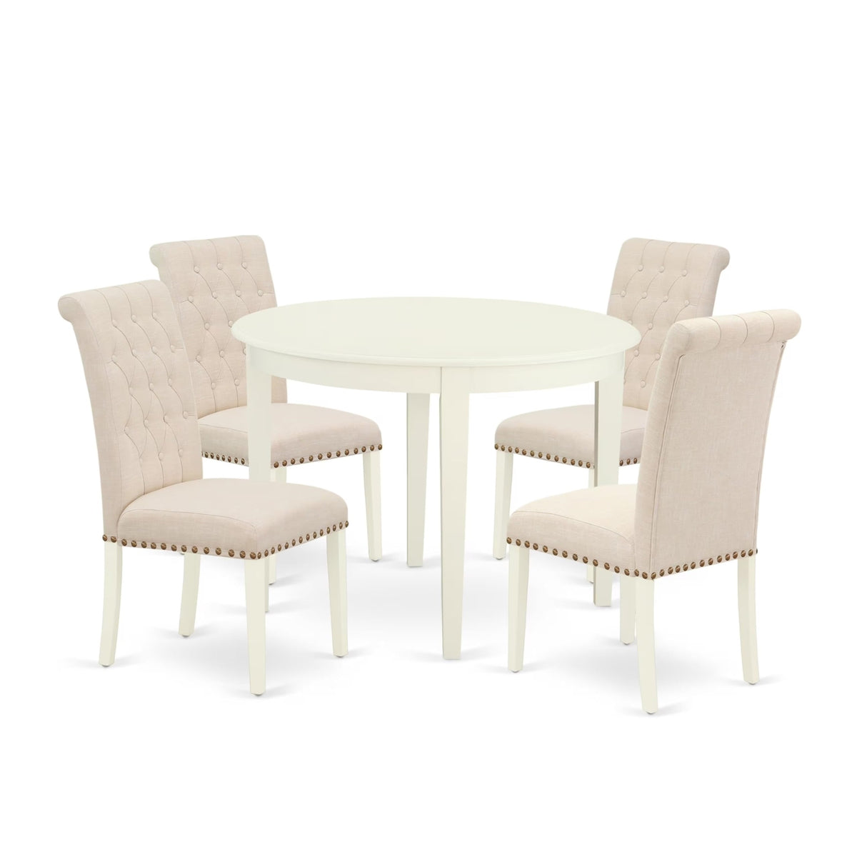 Casafoyer Bobr5-Whi-02 Nook Kitchen Table Set - Dining Room Chairs With Light Beige Linen Fabric Seat And Button Tufted Back - Solid Wood Round Modern Dining Table (White Finish)