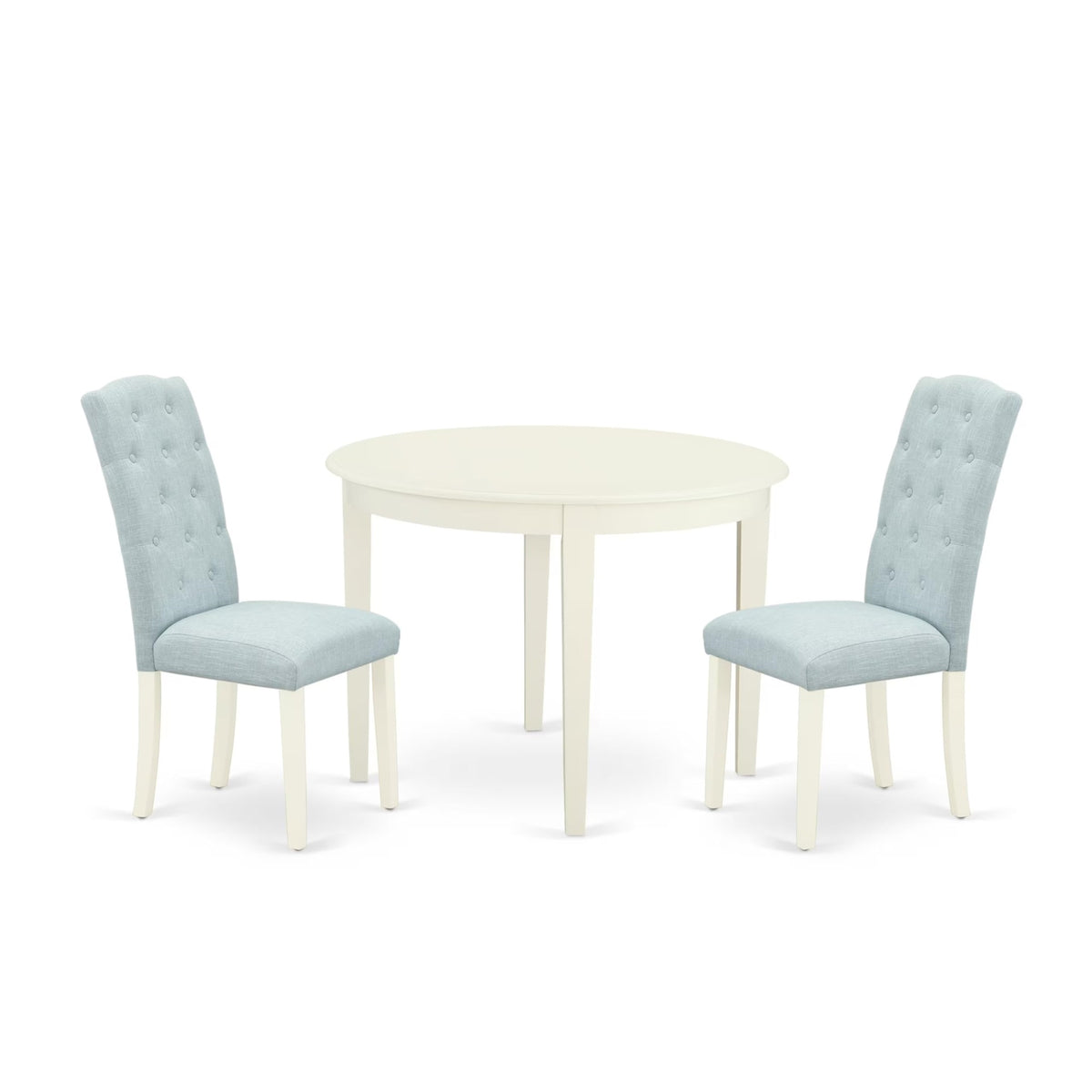 Casafoyer Boce3-Whi-15 3 Piece Dining Table Set For Small Spaces Contains A Round Kitchen Table And 2 Baby Blue Linen Fabric Parson Dining Room Chairs, 42X42 Inch, Linen White