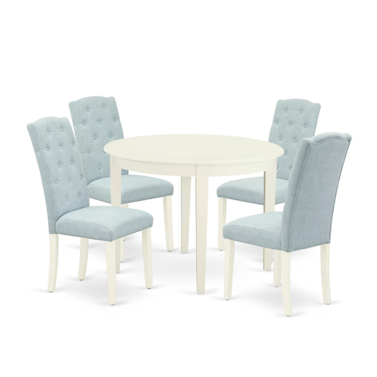 Casafoyer Boce5-Whi-15 Boston 5 Piece Modern Dining Set Includes A Round Kitchen Table And 4 Baby Blue Fabric Upholstered Parson Chairs, Linen White, 42X42 Inch