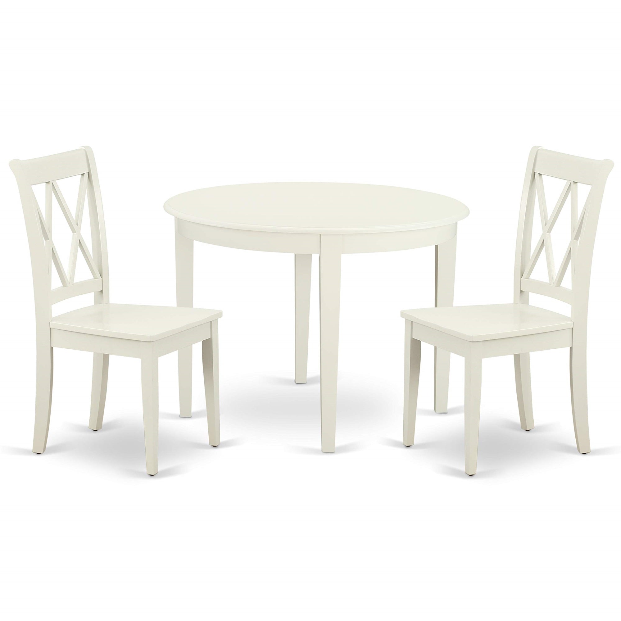 East West Furniture Bocl3-Lwh-W Boston 3 Piece Room Furniture Set Contains A Round Dining Table And 2 Wood Seat Chairs, Linen White, 42X42 Inch