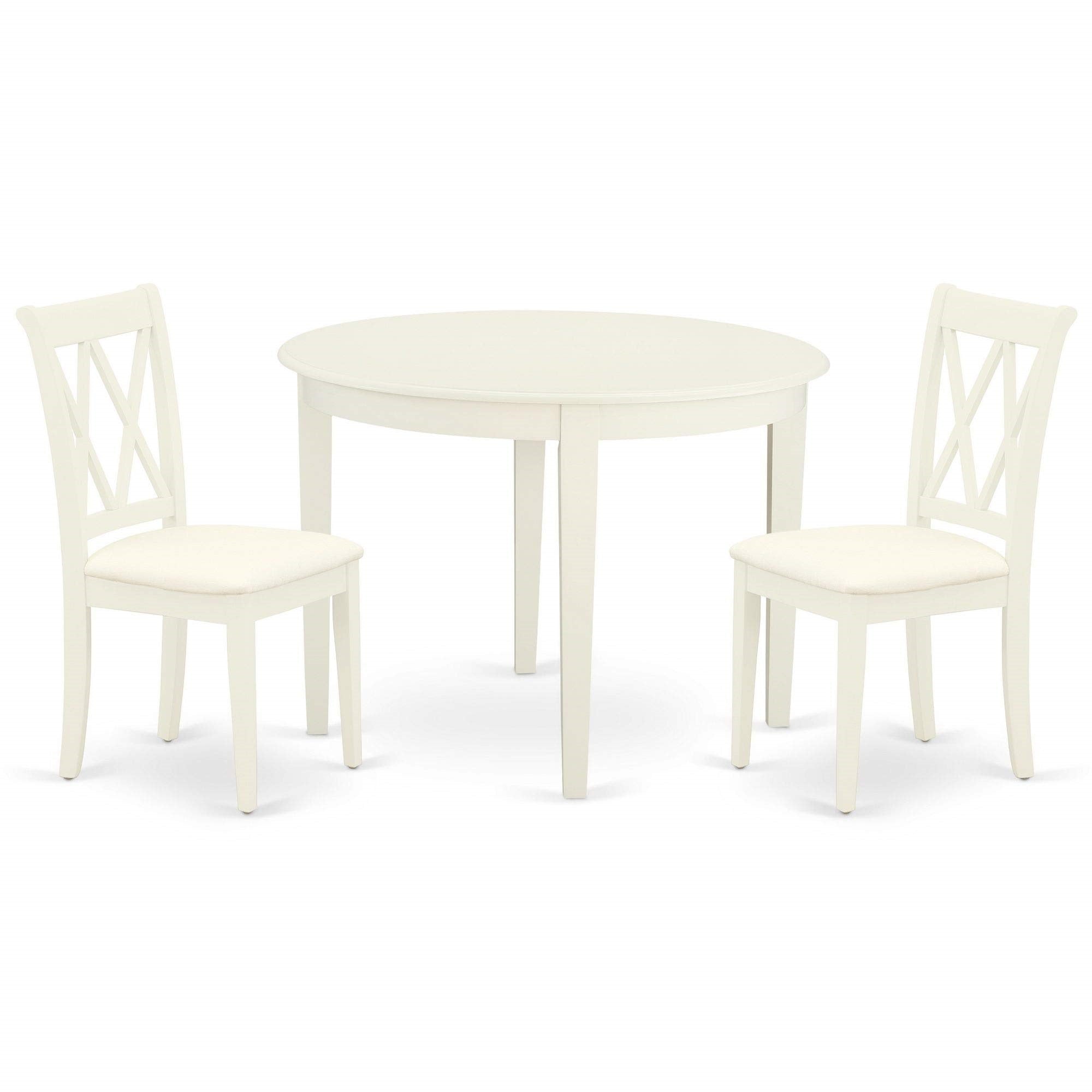 East West Furniture Bocl3-Whi-C Boston 3 Piece Room Set Contains A Round Wooden Table And 2 Fabric Kitchen Dining Chairs, Linen White, 42X42 Inch