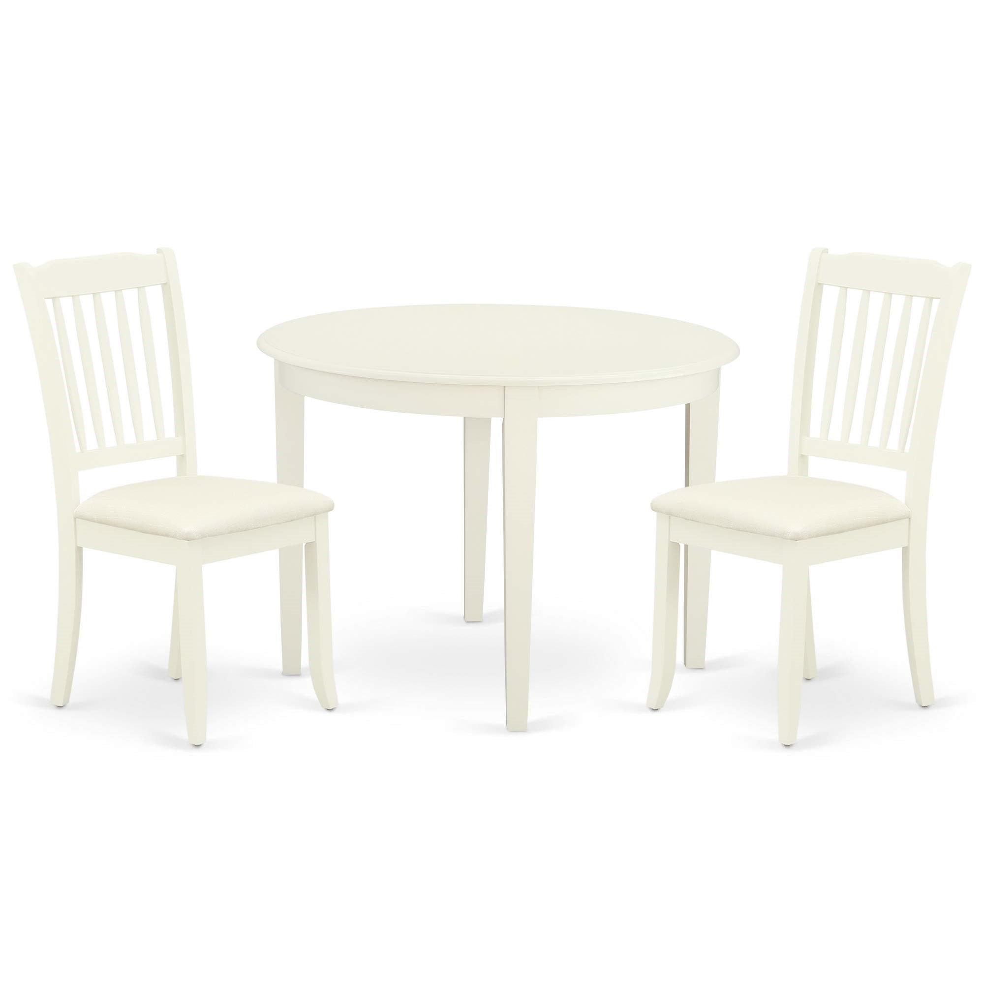 East West Furniture Boda3-Whi-C Boston 3 Piece Kitchen Set Contains A Round Room Table And 2 Fabric Upholstered Dining Chairs, Linen White