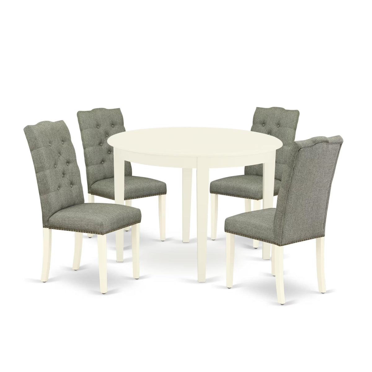 Casafoyer Boel5-Whi-07 Boston 5 Piece Dinette Set For 4 Includes A Round Dining Table And 4 Gray Fabric Upholstered Parson Chairs, Linen White, 42X42 Inch