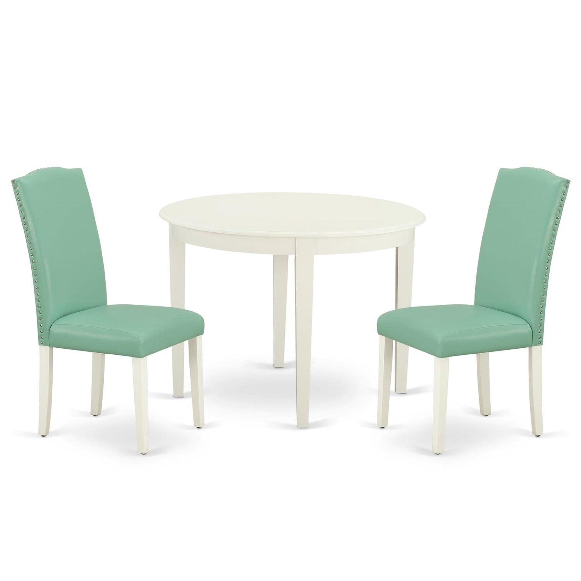 Casafoyer Boen3-Lwh-57 3 Piece Dining Room Table Set Contains A Round Kitchen Table And 2 Pond Faux Leather Upholstered Parson Chairs, 42X42 Inch, Linen White