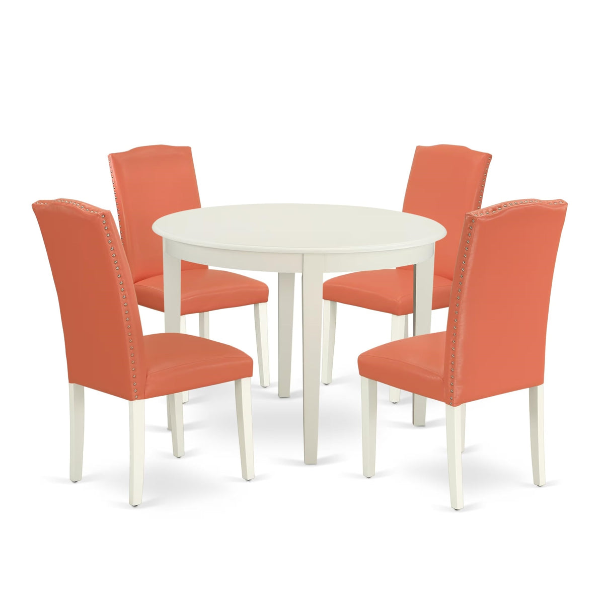 Casafoyer Boen5-Lwh-78 5 Piece Dinette Set For 4 Includes A Round Kitchen Dining Table And 4 Pink Flamingo Faux Leather Upholstered Parson Chairs, 42X42 Inch, Linen White