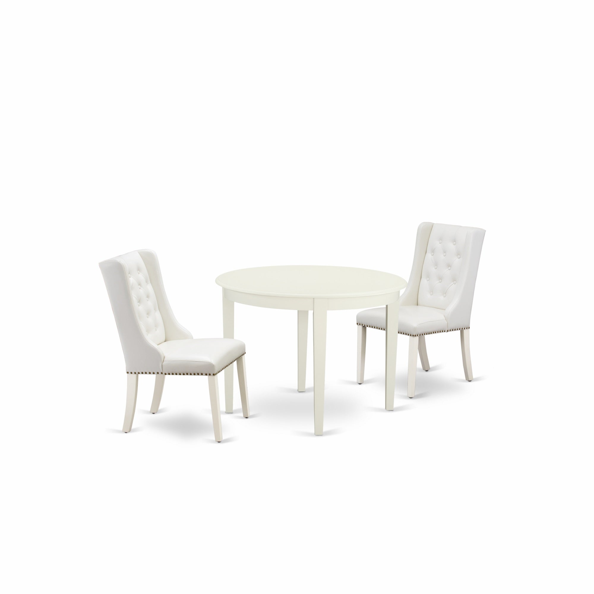East West Furniture Bofo3-Whi-44 3-Pc Dining Room Set Includes 1 Modern Dining Table And 2 Light Grey Linen Fabric Mid Century Dining Chairs With Button Tufted Back - Linen White Finish