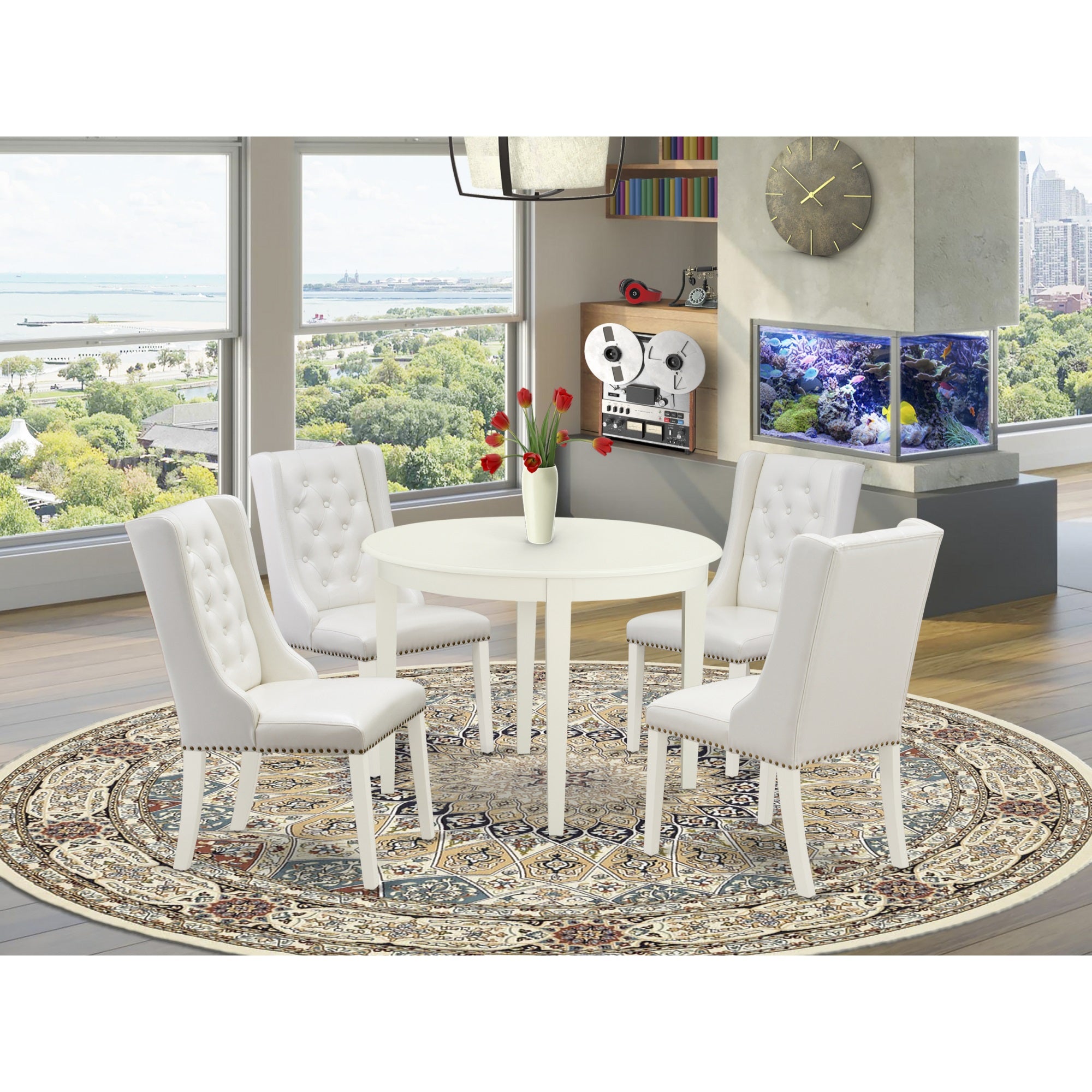 East West Furniture Bofo5-Whi-44 5-Piece Kitchen Dining Set Includes 1 Modern Dining Room Table And 4 Light Grey Linen Fabric Padded Parson Chair With Button Tufted Back - Linen White Finish