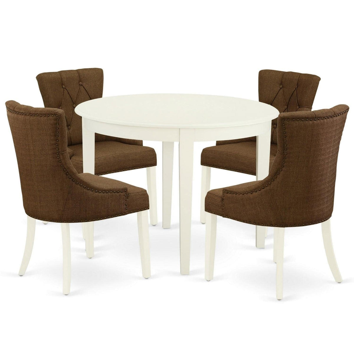 Casafoyer Bofr5-Whi-18 5 Piece Dining Table Set For 4 Includes A Round Kitchen Table And 4 Brown Linen Linen Fabric Parsons Dining Chairs, 42X42 Inch, Linen White