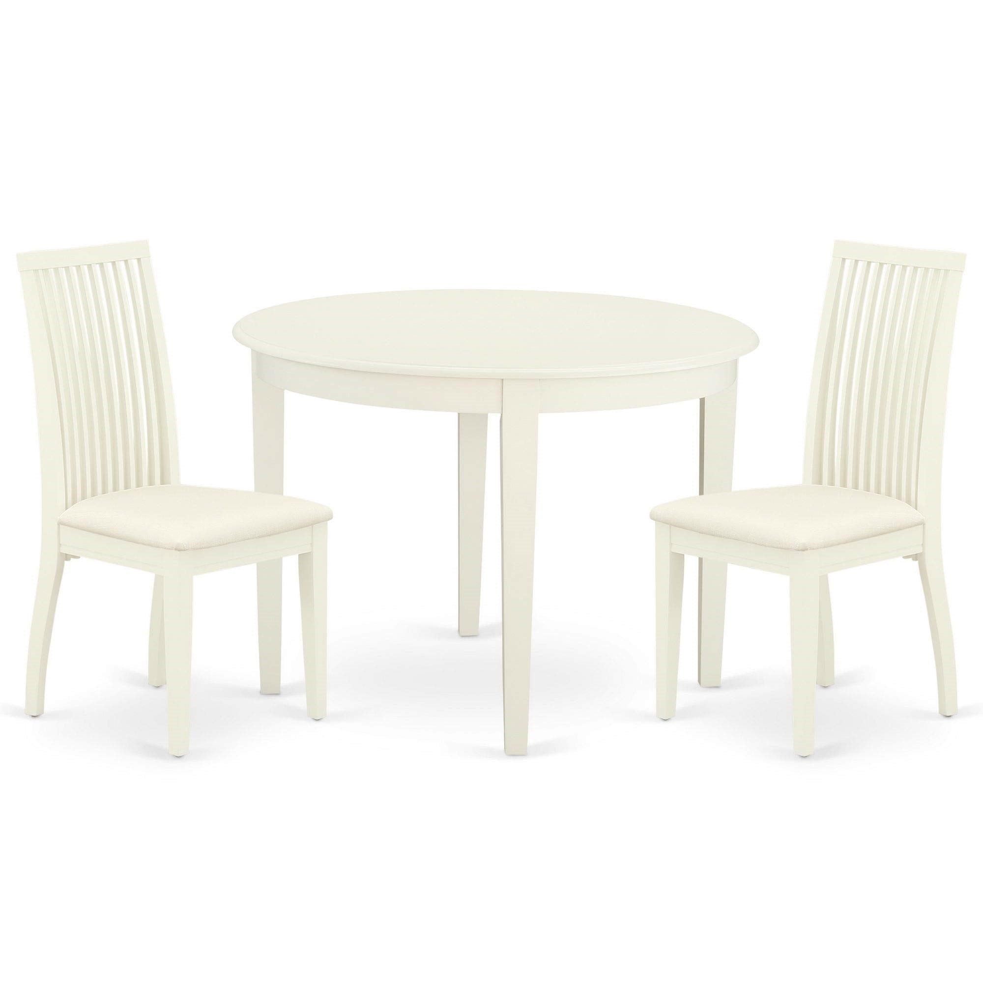 East West Furniture Boip3-Whi-C 3Pc Dinette Set Includes A Rounded Kitchen Table And Two Linen Fabric Seat Dining Chairs, White Finish, 42X42 Inch