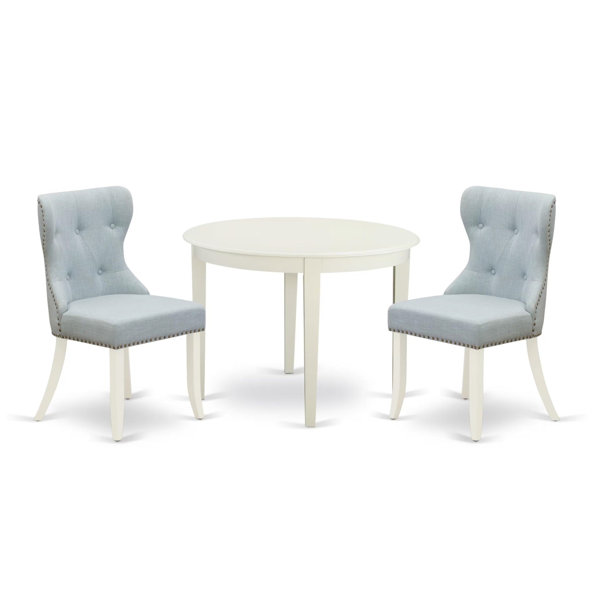 Casafoyer Bosi3-Whi-15 Boston 3 Piece Set For Small Spaces Contains A Round Kitchen Table And 2 Baby Blue Fabric Parson Dining Chairs, Linen White