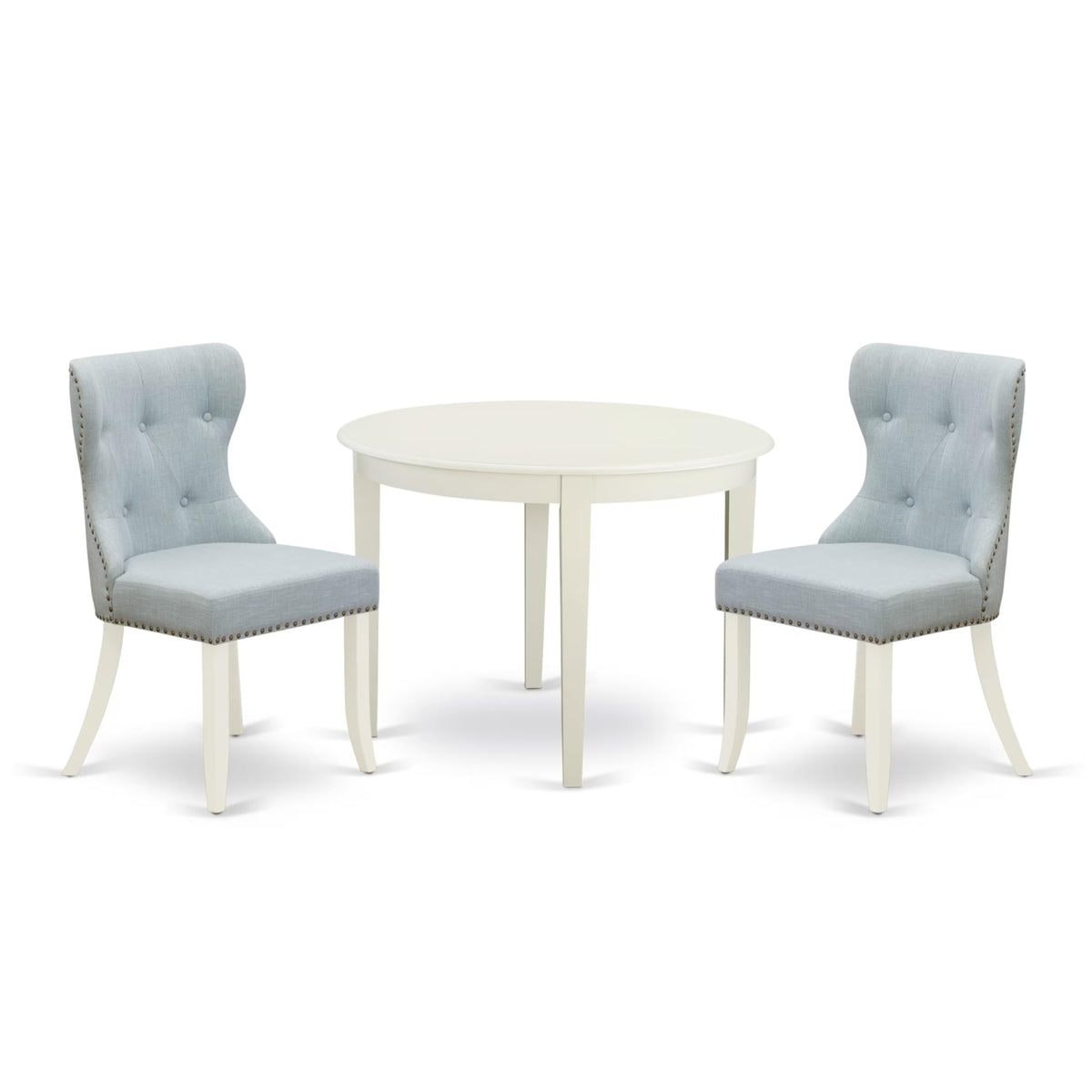 Casafoyer Bosi3-Whi-15 Boston 3 Piece Set For Small Spaces Contains A Round Kitchen Table And 2 Baby Blue Fabric Parson Dining Chairs, Linen White