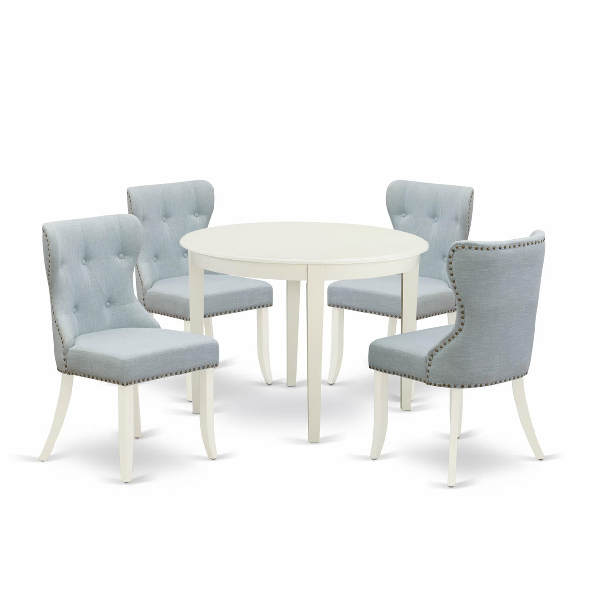 Casafoyer Bosi5-Whi-15 5 Piece Dinette Set For 4 Includes A Round Kitchen Table And 4 Baby Blue Linen Fabric Parsons Dining Chairs, 42X42 Inch, Linen White