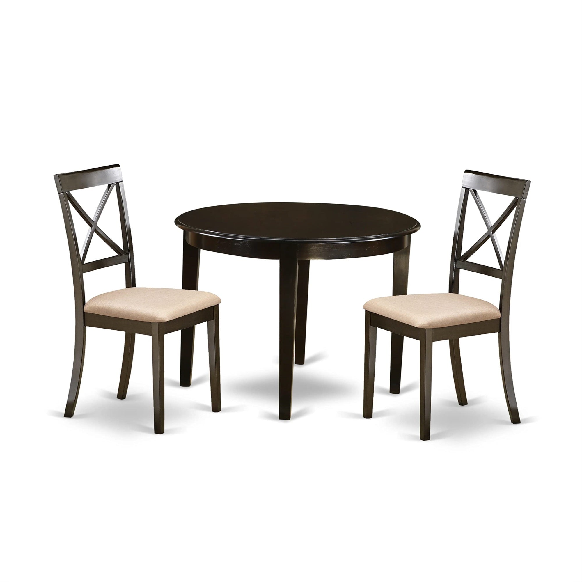East West Furniture Bost3-Cap-C Boston 3 Piece Kitchen Set For Small Spaces Contains A Round Room Table And 2 Linen Fabric Upholstered Dining Chairs, Cappuccino