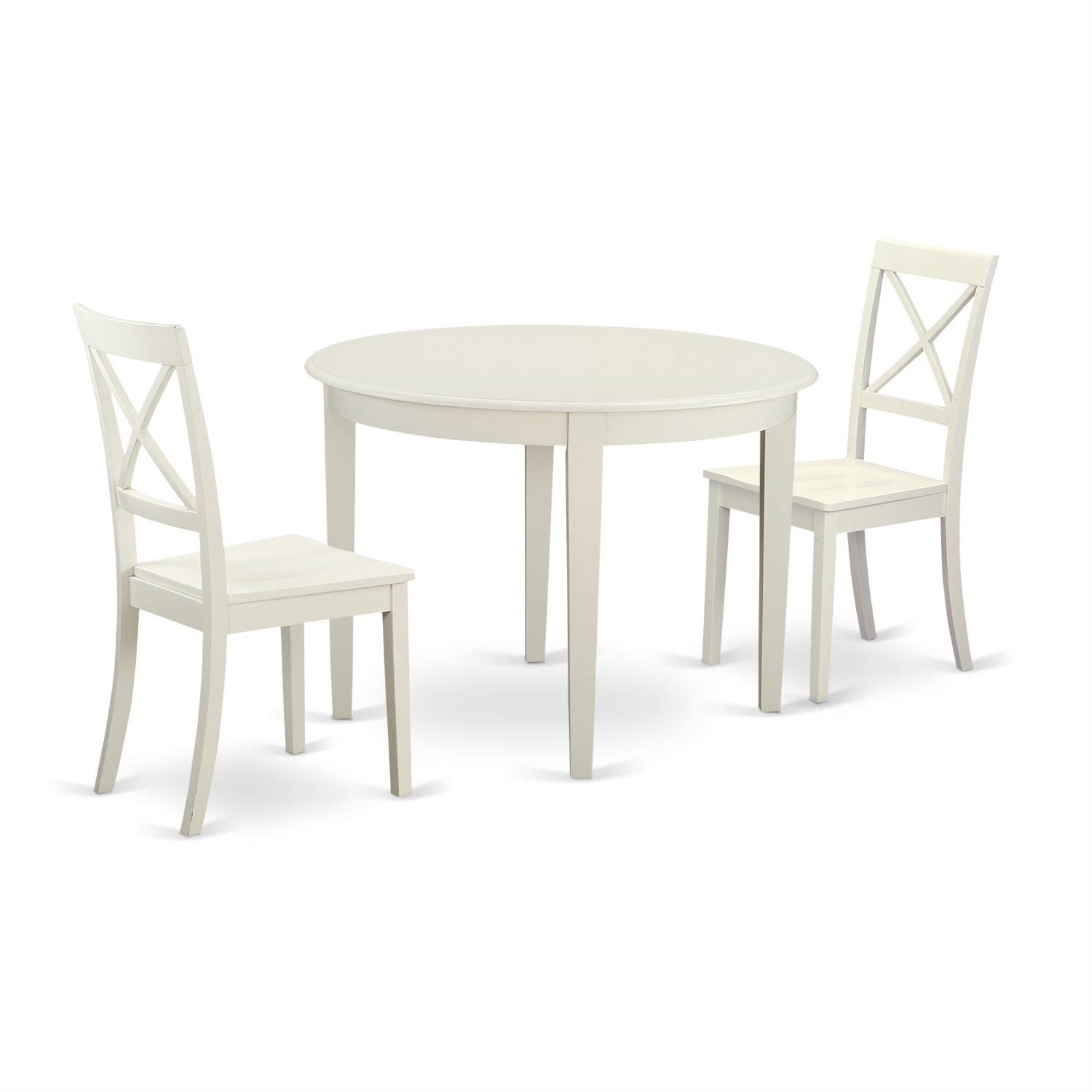 East West Furniture Bost3-Whi-W Boston 3 Piece Kitchen Set For Small Spaces Contains A Round Dining Room Table And 2 Solid Wood Seat Chairs, Linen White