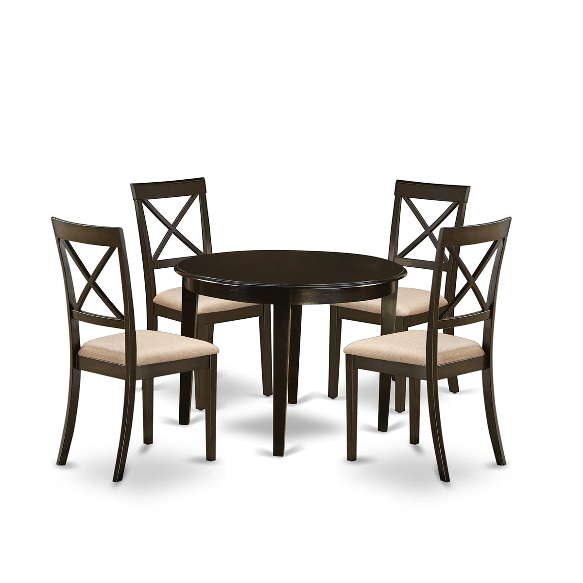 Ergode Bost5-Cap-C, 5-Piece Dining Table Set, Round Kitchen Table & 4 Linen Fabric Chairs, 42X42 Inch, Premium Asian Solid Wood