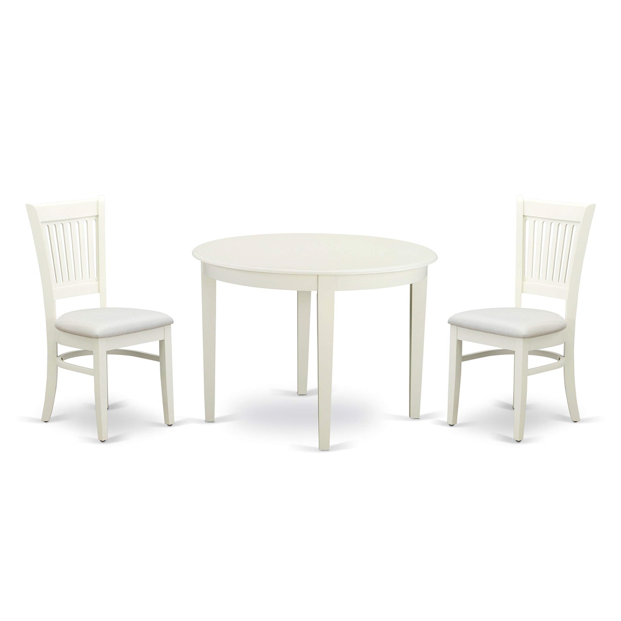 East West Furniture Bova3-Lwh-C Boston 3 Piece Room Furniture Set Contains A Round Dining Table And 2 Linen Fabric Upholstered Chairs, 42X42 Inch