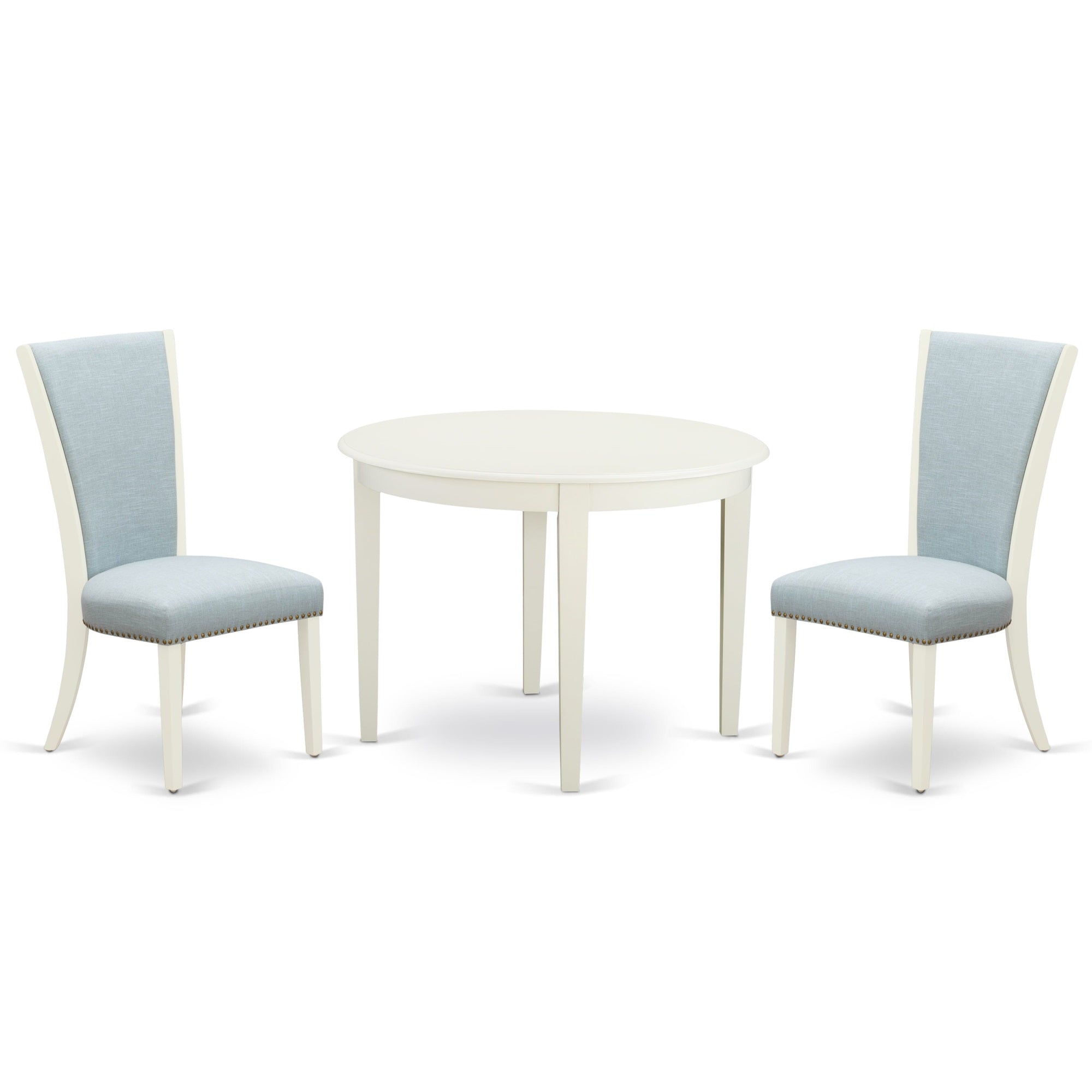 East-West Furniture Bove3-Whi-15 - A Dining Room Table Set Of 2 Amazing Parson Chairs With Linen Fabric Baby Blue Color And A Beautiful Round Wooden Dining Table With Linen White Color