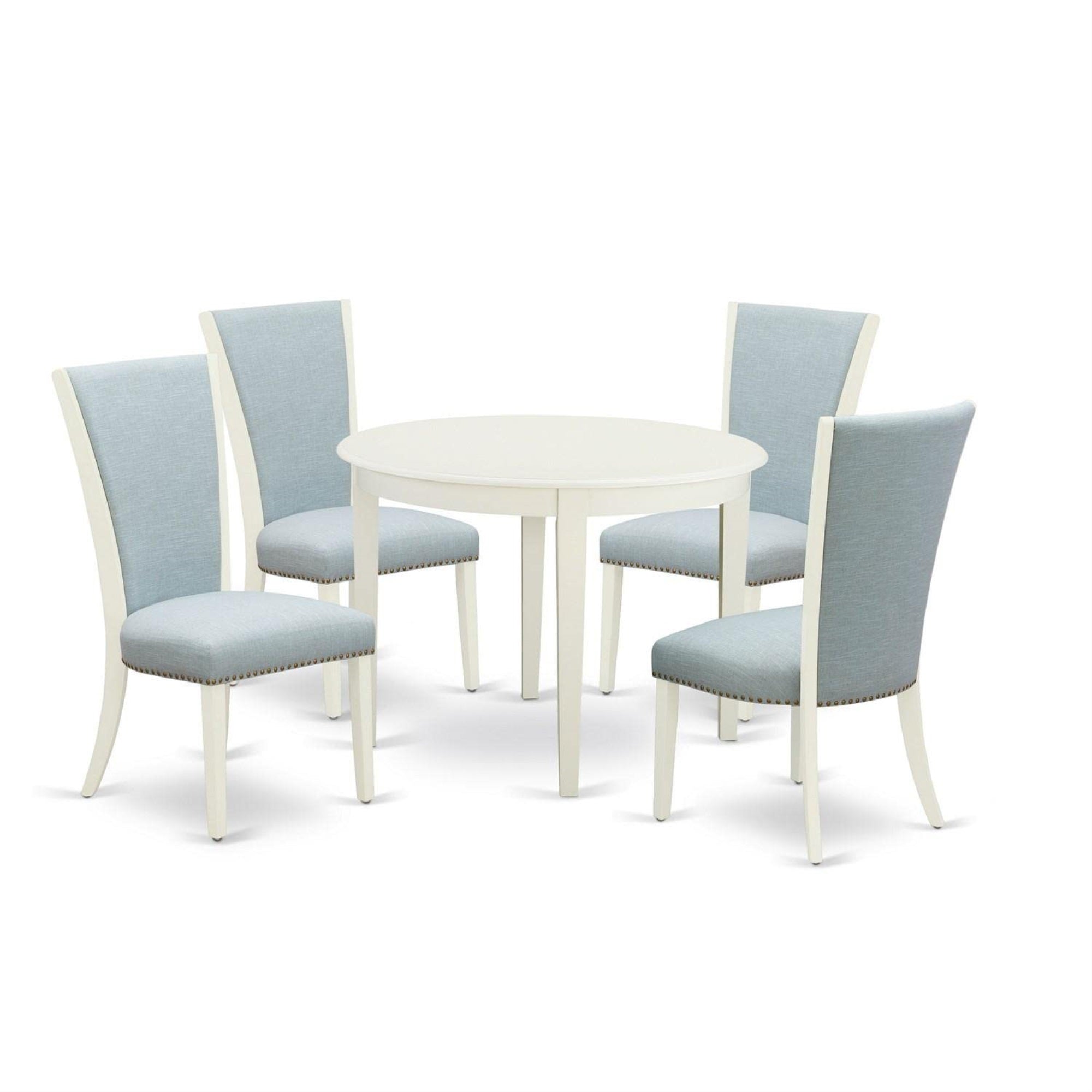 Casafoyer Bove5-Whi-15 Boston 5 Piece Modern Dining Set Includes A Round Kitchen Table And 4 Baby Blue Fabric Upholstered Parson Chairs, 42X42 Inch, Linen White
