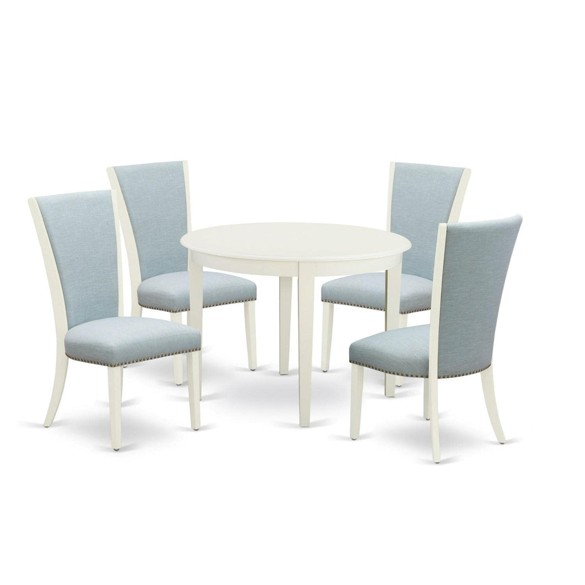 Casafoyer Bove5-Whi-15 Boston 5 Piece Modern Dining Set Includes A Round Kitchen Table And 4 Baby Blue Fabric Upholstered Parson Chairs, 42X42 Inch, Linen White
