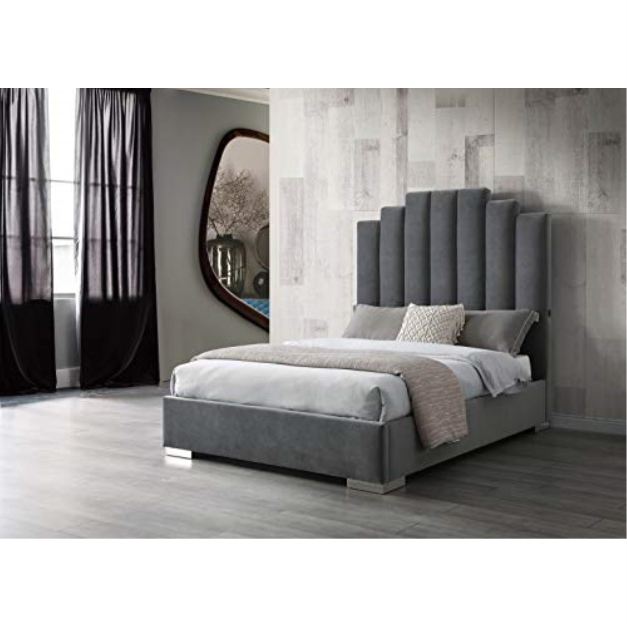 Jordan Queen Bed , Fully Upholstered Grey 100% Velvet Fabric, Double USB in Headboard, Chrome Legs