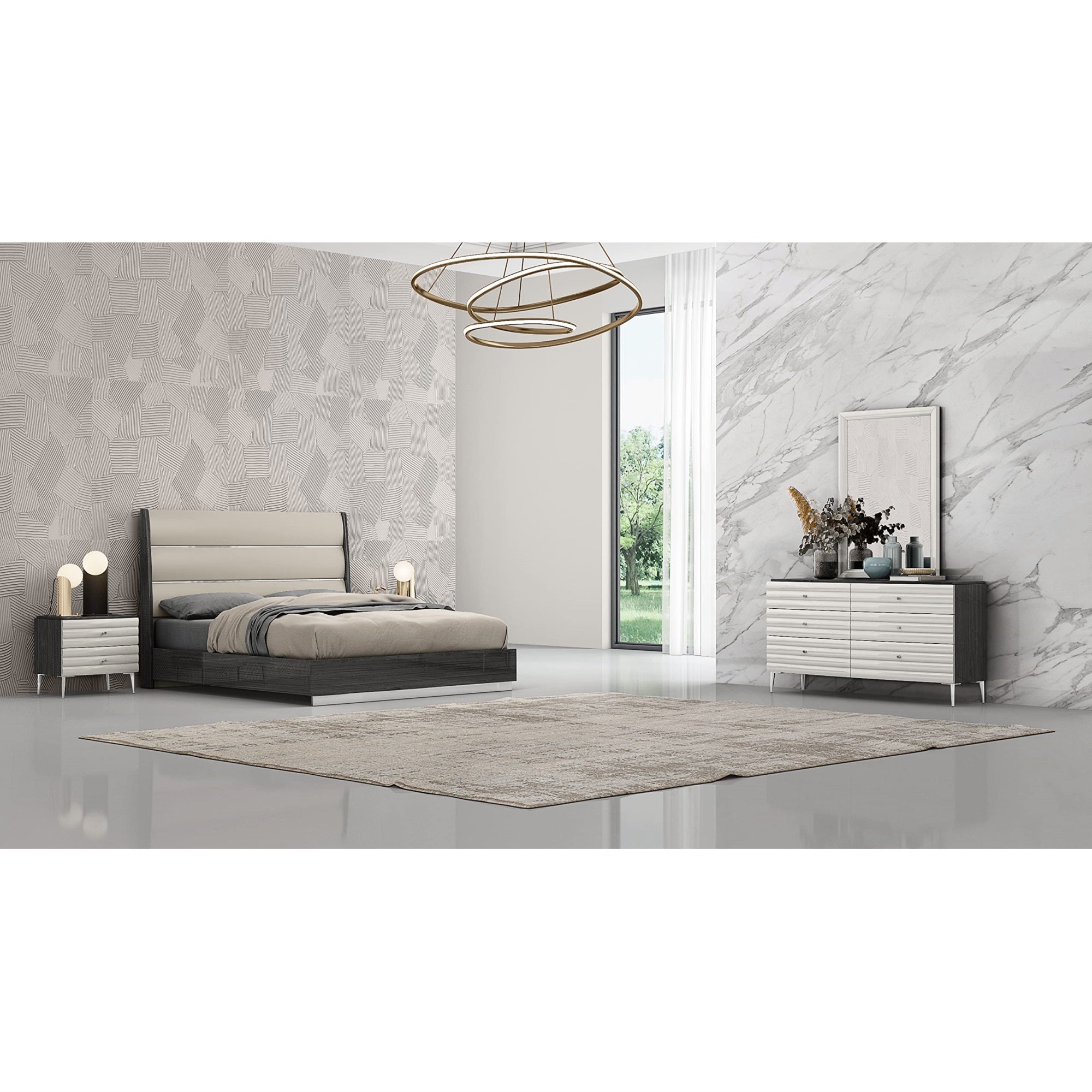 Pino Bed Queen, High Gloss Dark Grey Angley, Upholstered Panels in headboard in Light Grey Faux Leather,  Stainless Steel Legs