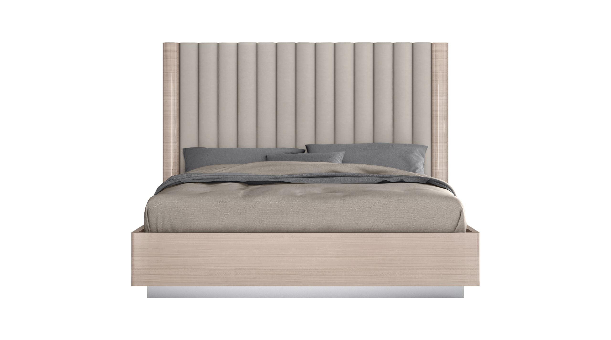 Waves Bed Queen, High Gloss Beige Angley Frame, Upholstered Panels in headboard in Beige Fabric,  Stainless Steel Legs