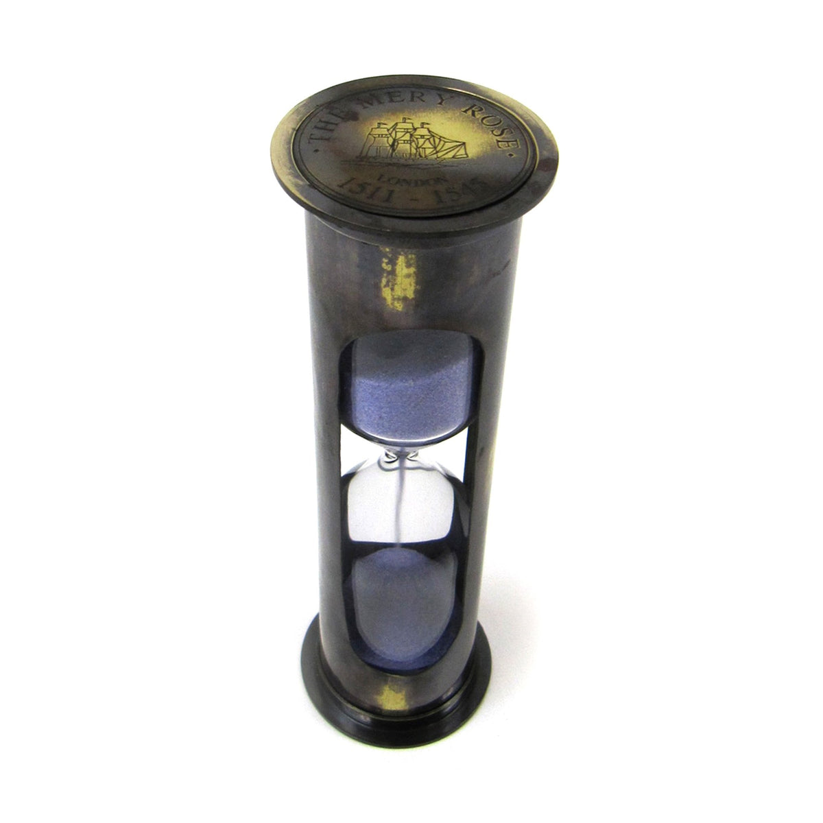 Antique Brass Mary Rose 5-Min. Hourglass W/ Purple Sand
