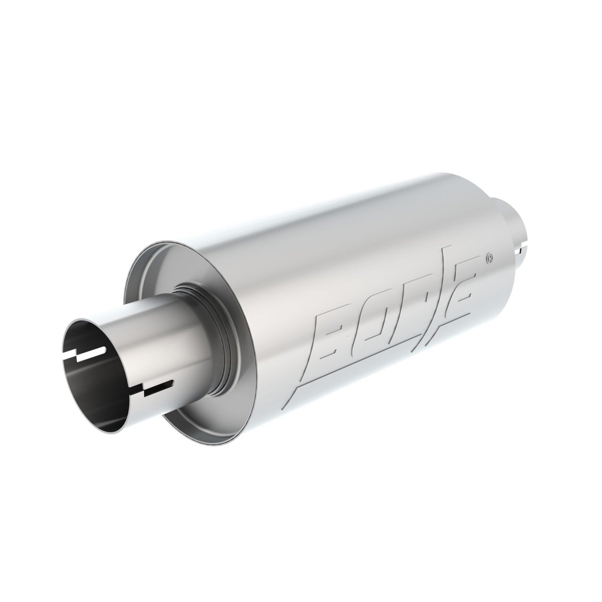 Borla 400497 Specialty Muffler - S-Type - 2.5' Center Inlet/ 2.5' Center Outlet 5' Round X 10' Long Body 15' Overall Length. Universal Part. Reversible Design. Notched Necks.