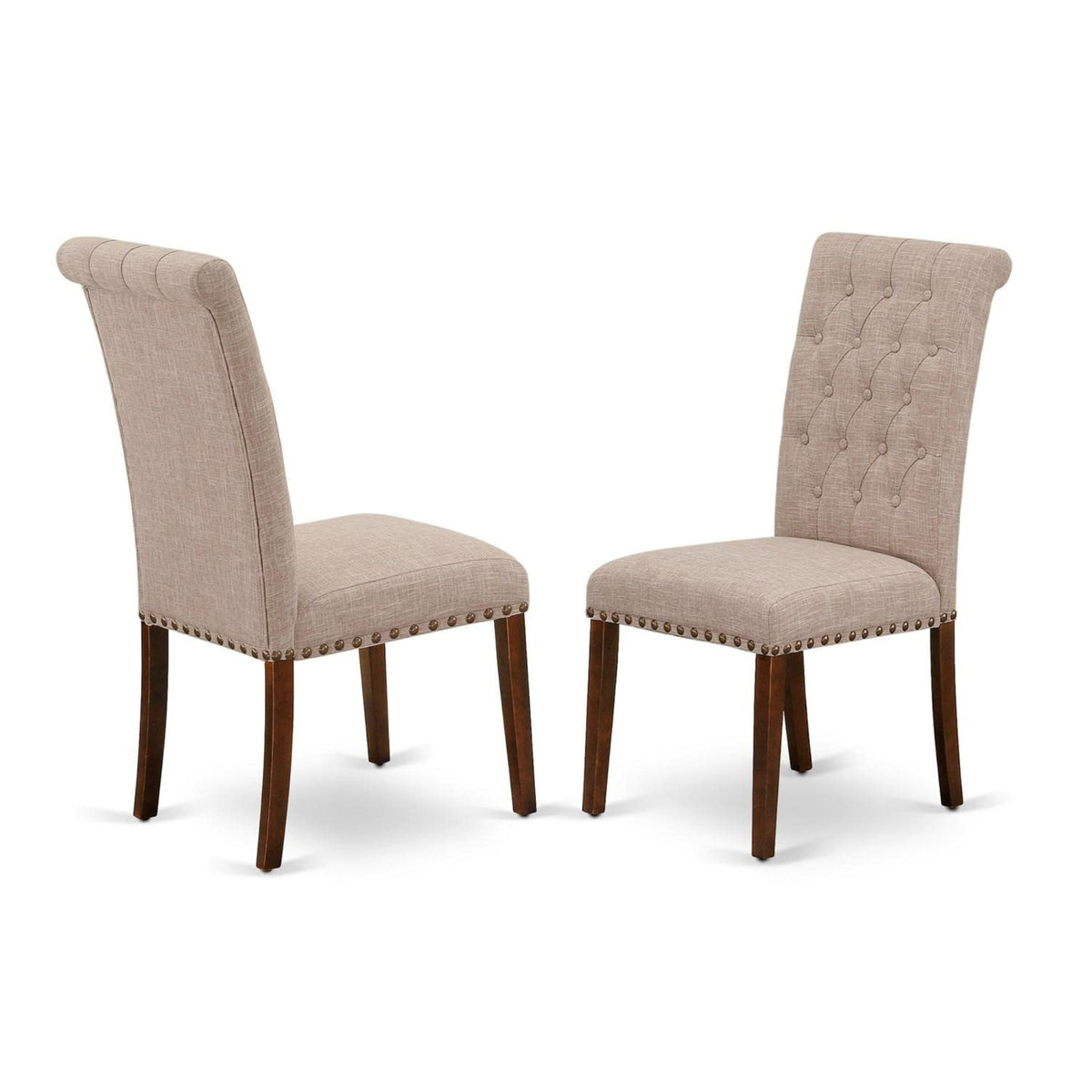 Casafoyer Brp3T04 Bremond Parson Dining Room Chairs - Button Tufted Nailhead Trim Light Tan Linen Fabric Padded Chairs, Set Of 2, Mahogany