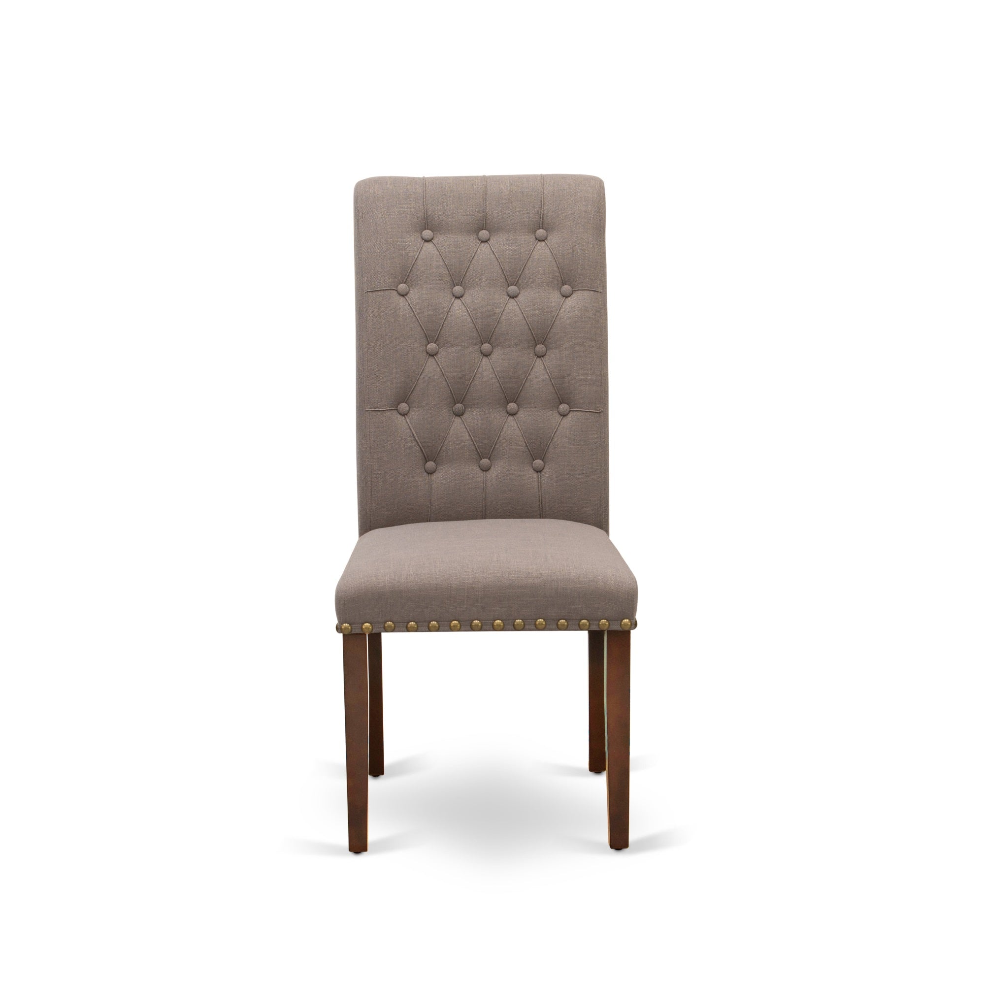 East West Furniture Brp3T18 Bremond Dining Chairs - Dark Coffee Color Linen Fabric, Wooden Mahogany Finish Legs Modern Dining Room Chairs - Set Of 2