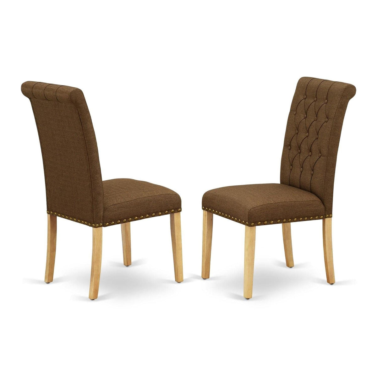 Casafoyer Brp4T18 Bremond Parson Kitchen Chairs - Button Tufted Nailhead Trim Brown Linen Linen Fabric Upholstered Dining Chairs, Set Of 2, Oak